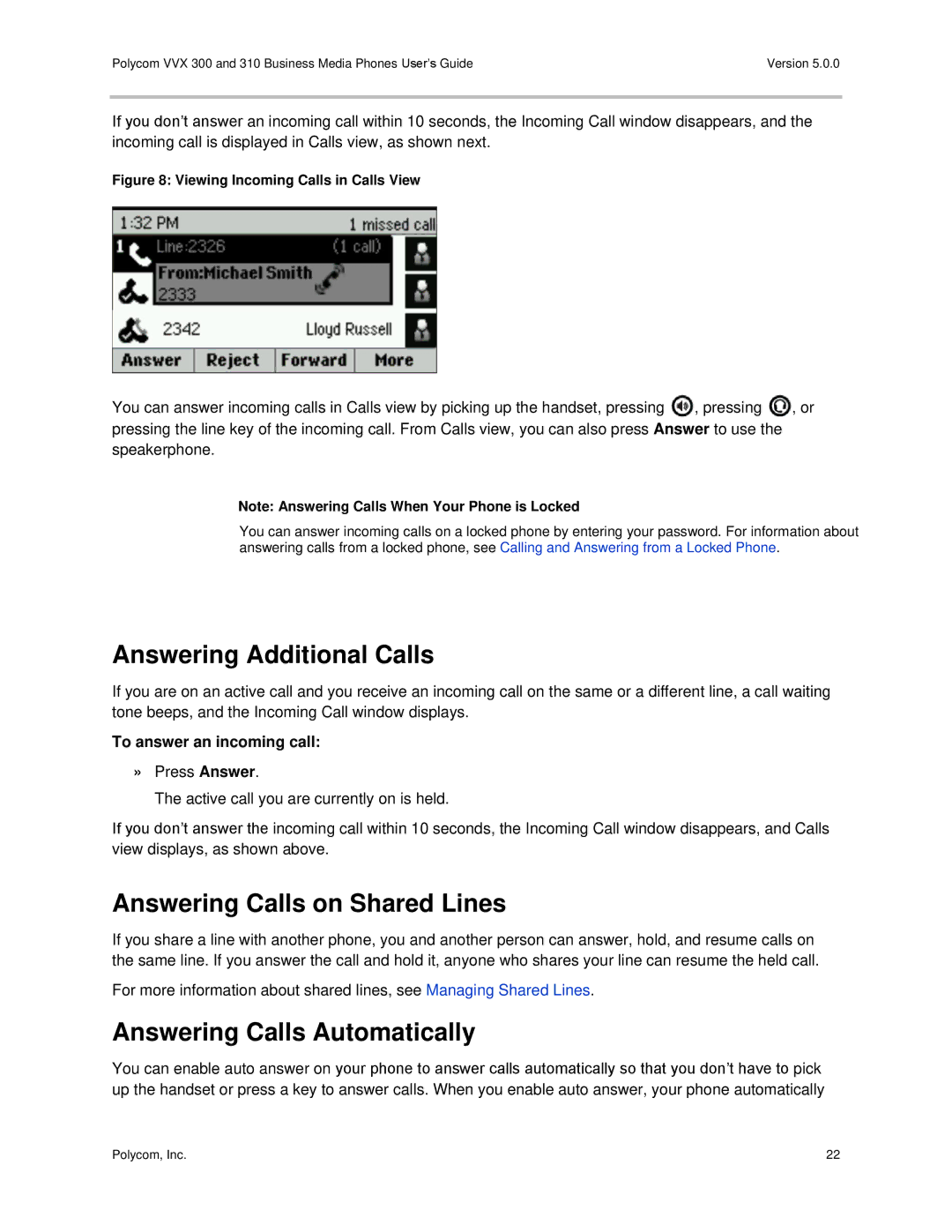 Polycom 300 and 310 manual Answering Additional Calls, Answering Calls on Shared Lines, Answering Calls Automatically 
