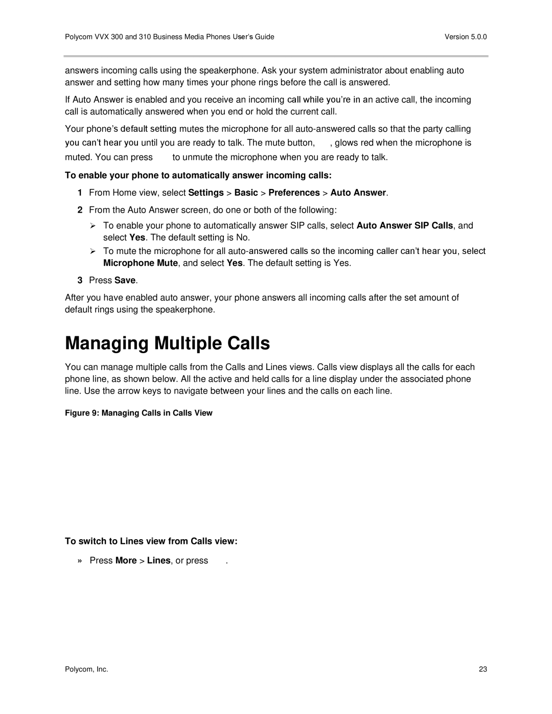 Polycom 300 and 310 manual Managing Multiple Calls, To switch to Lines view from Calls view 