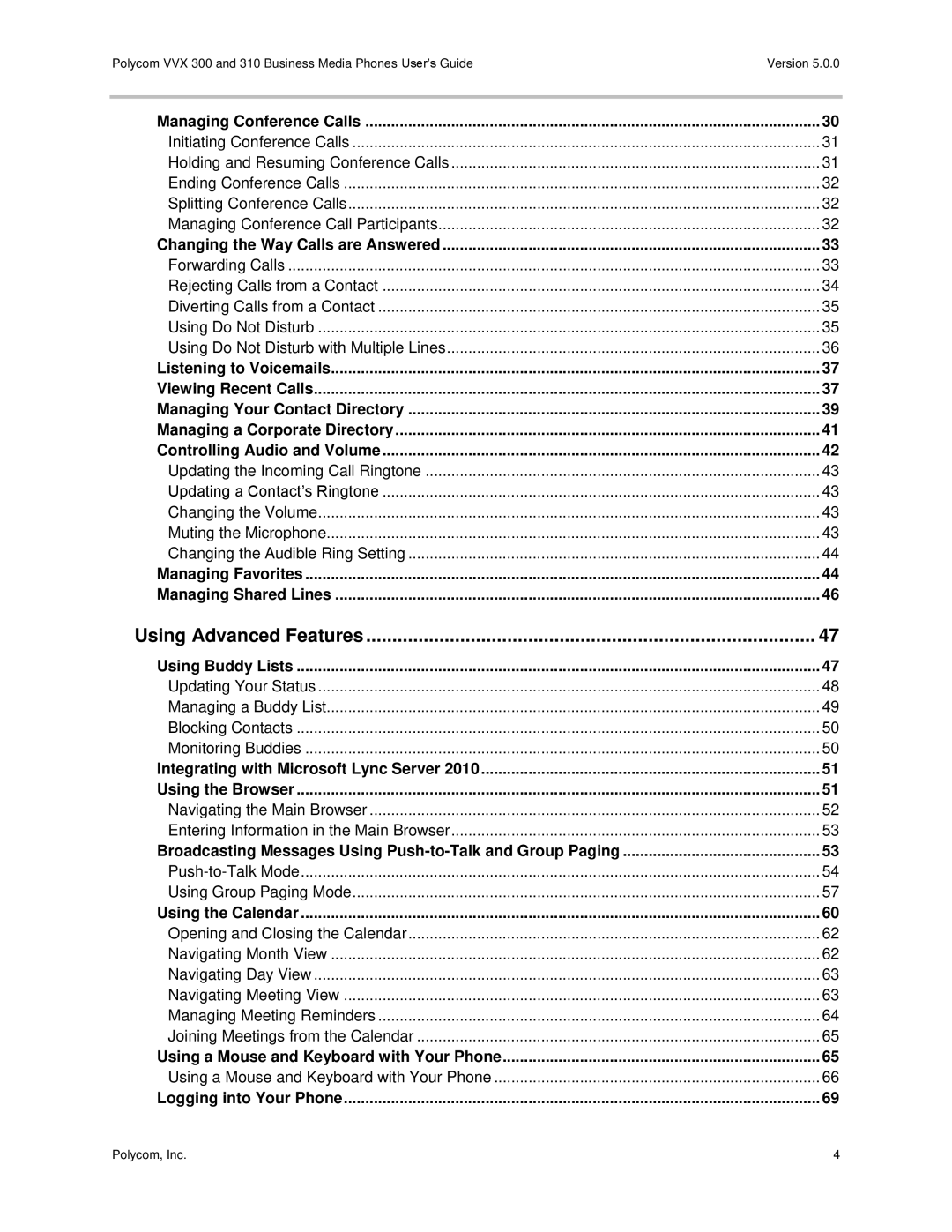 Polycom 300 and 310 Managing Conference Calls, Changing the Way Calls are Answered, Using Buddy Lists, Using the Calendar 