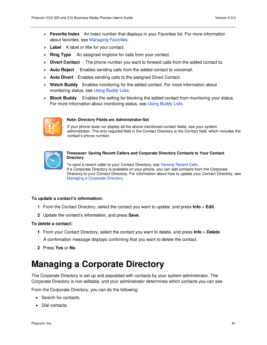 Polycom 300 and 310 manual Managing a Corporate Directory, To update a contact’s information, To delete a contact 