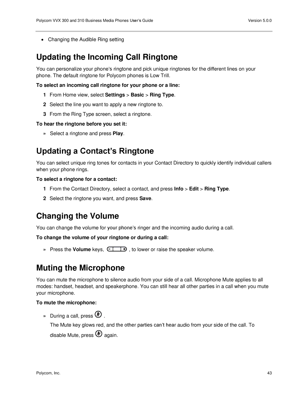 Polycom 300 and 310 manual Updating the Incoming Call Ringtone, Updating a Contact’s Ringtone, Changing the Volume 