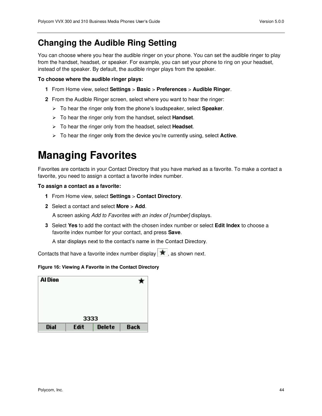 Polycom 300 and 310 manual Managing Favorites, Changing the Audible Ring Setting, To assign a contact as a favorite 