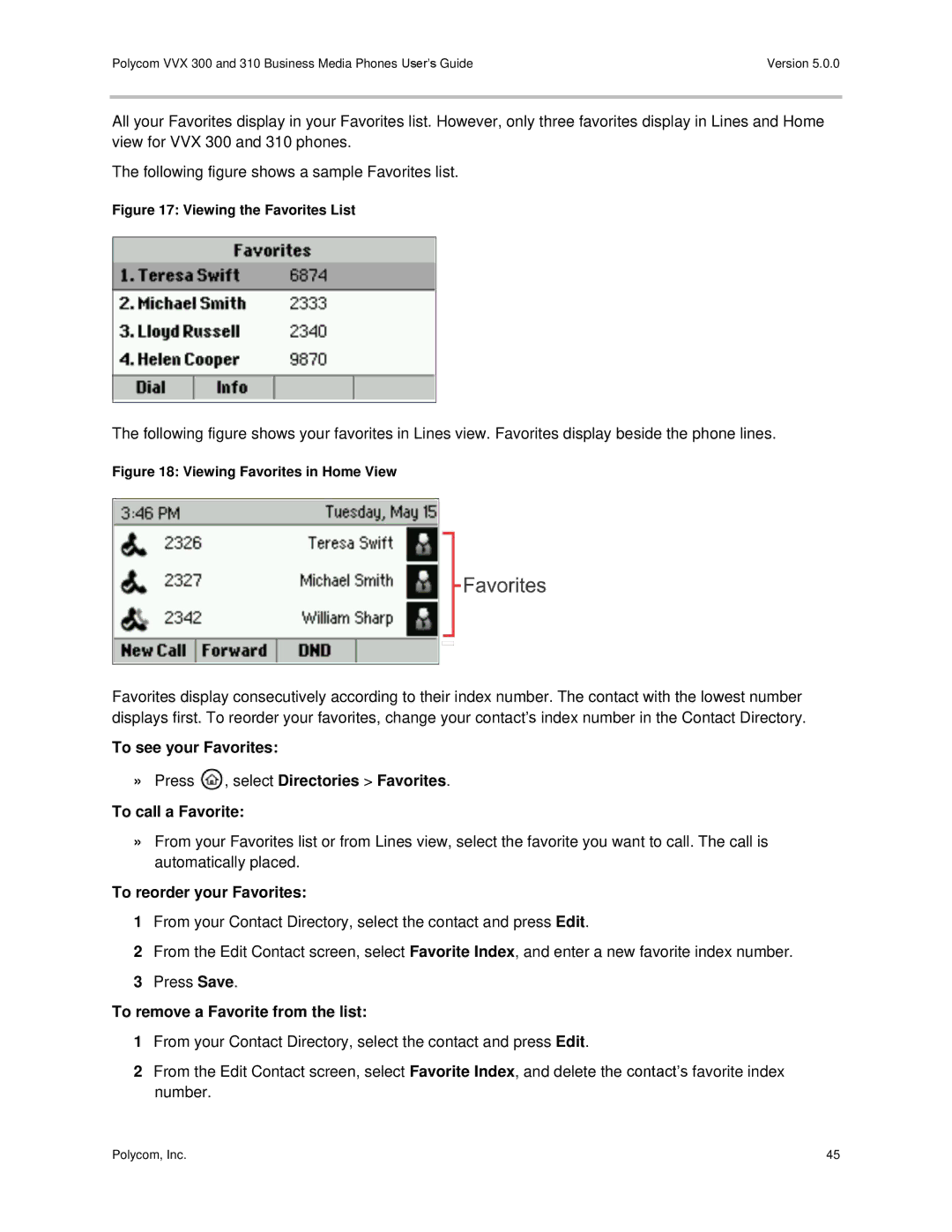 Polycom 300 and 310 manual To reorder your Favorites, To remove a Favorite from the list 