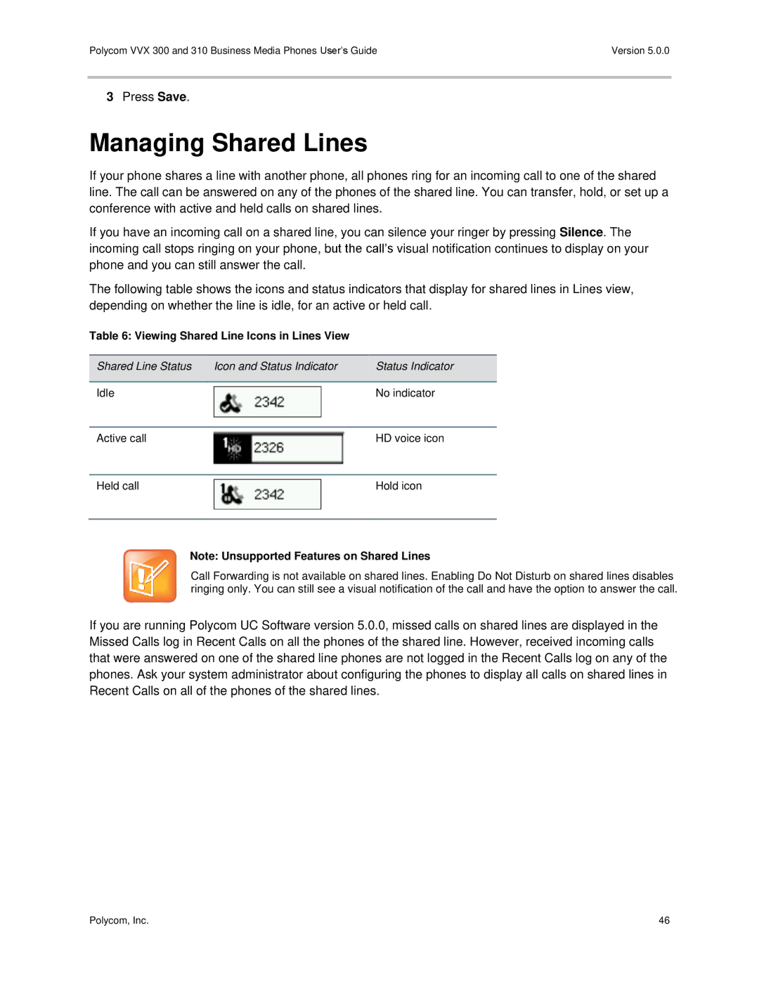 Polycom 300 and 310 manual Managing Shared Lines, Viewing Shared Line Icons in Lines View 