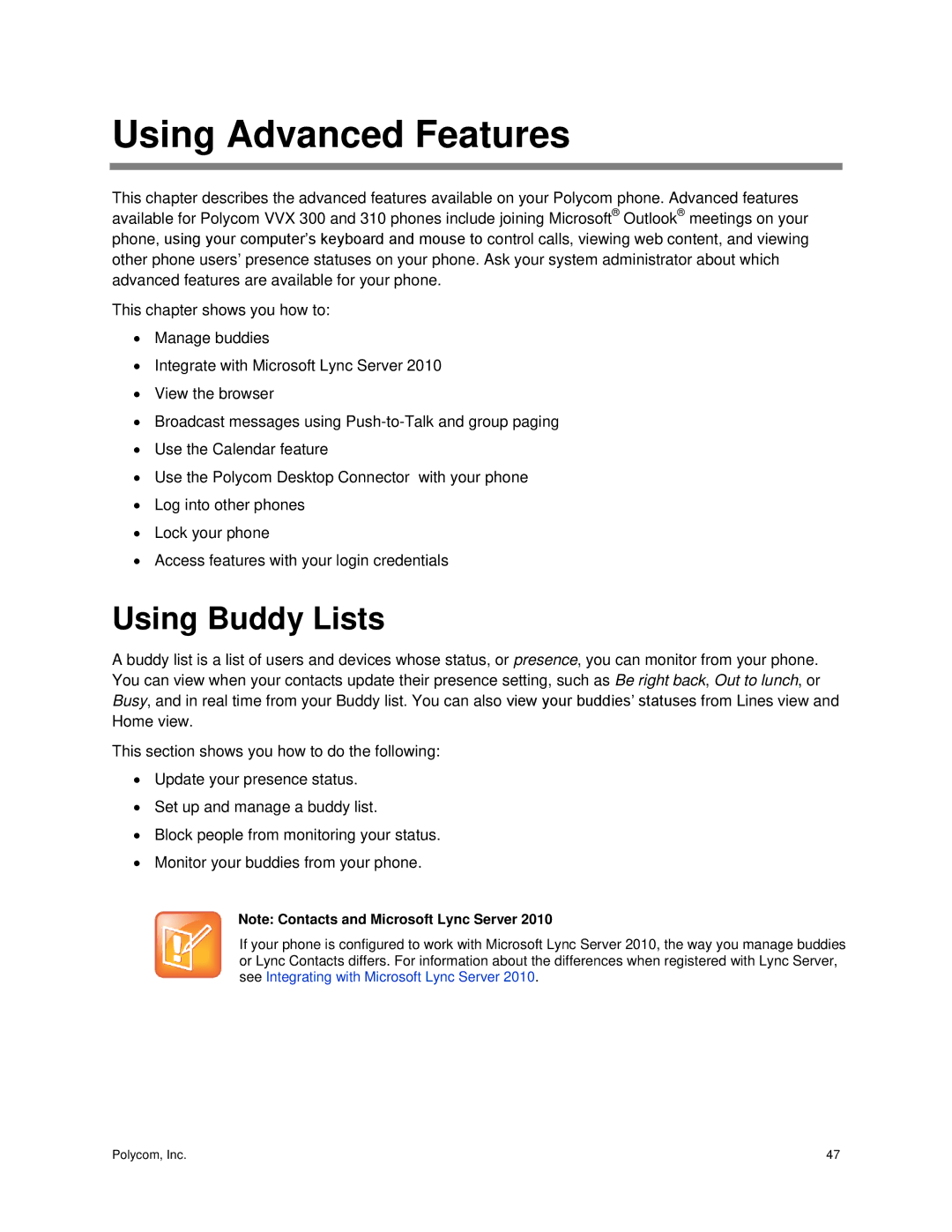 Polycom 300 and 310 manual Using Advanced Features, Using Buddy Lists 