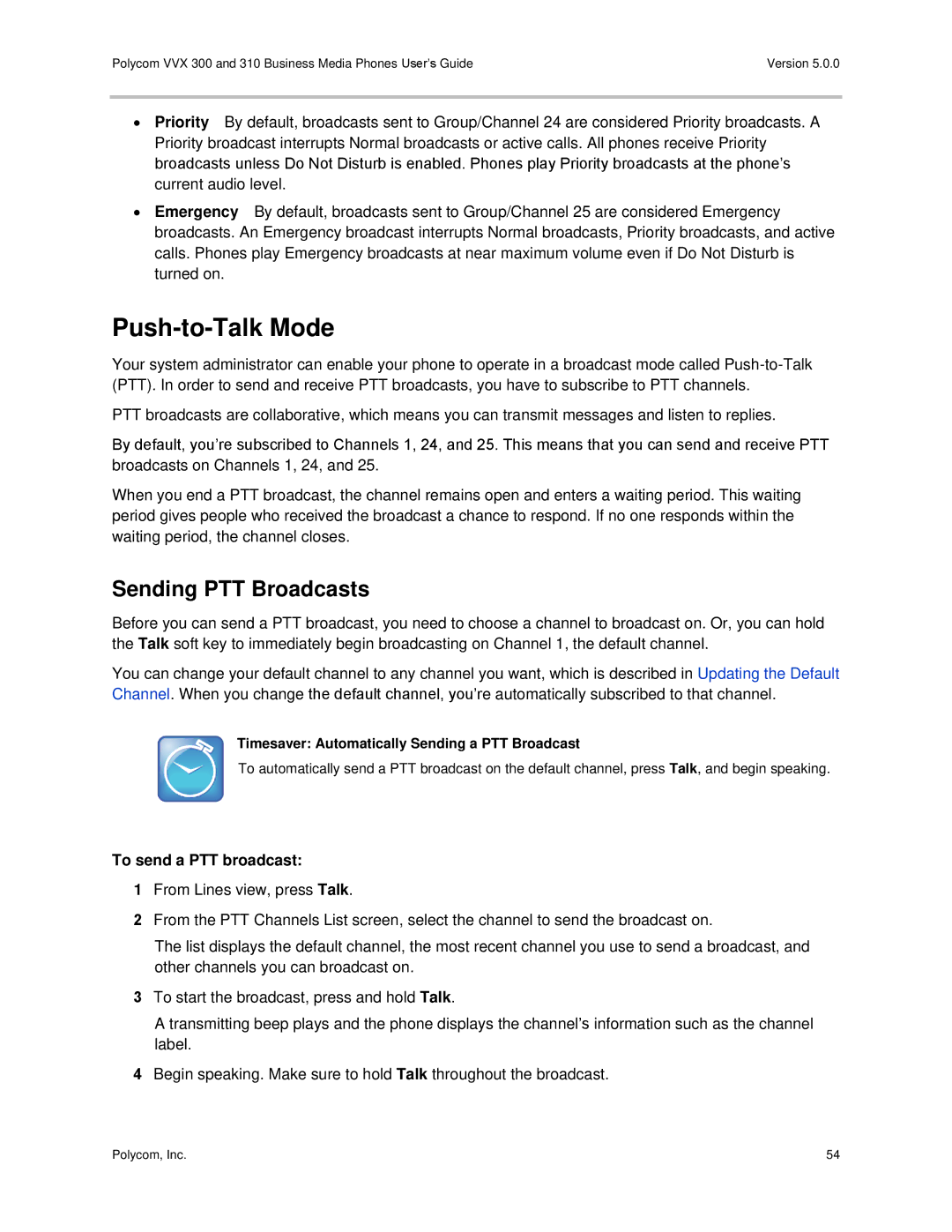 Polycom 300 and 310 manual Push-to-Talk Mode, Sending PTT Broadcasts, To send a PTT broadcast 