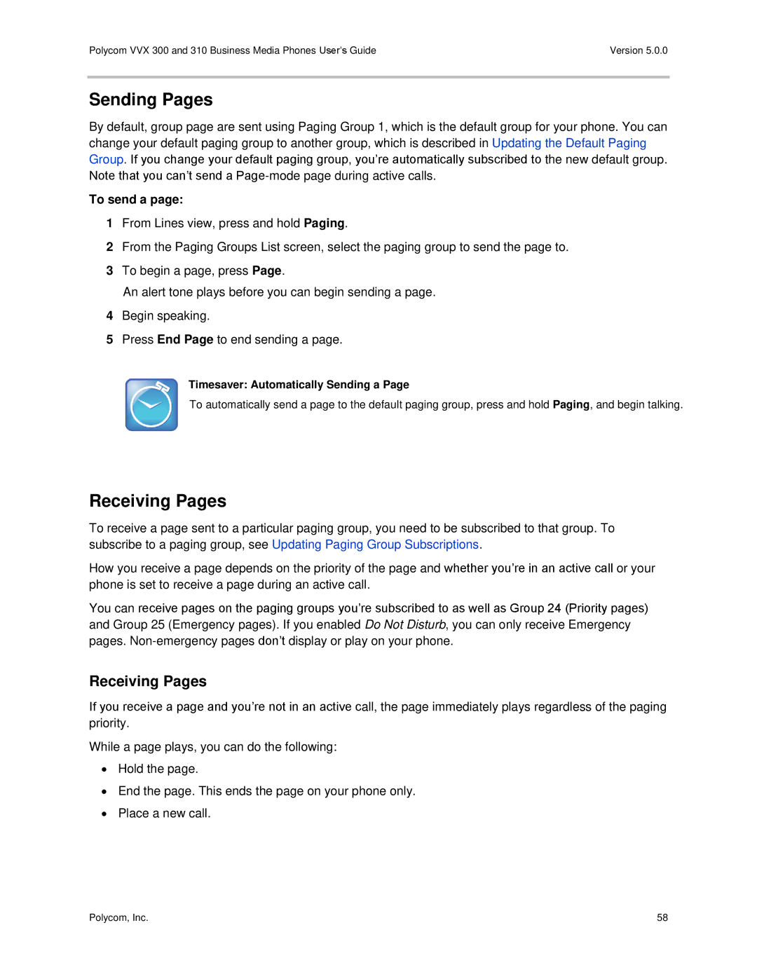 Polycom 300 and 310 manual Sending Pages, Receiving Pages, To send a, Timesaver Automatically Sending a 