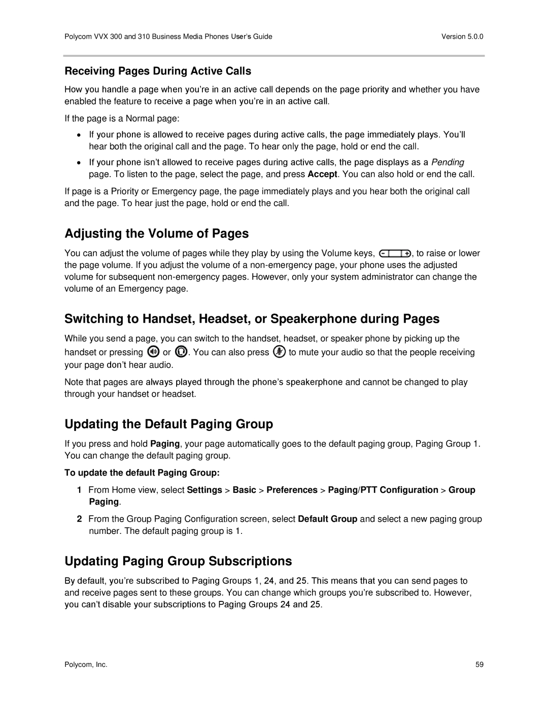 Polycom 300 and 310 manual Adjusting the Volume of Pages, Switching to Handset, Headset, or Speakerphone during Pages 