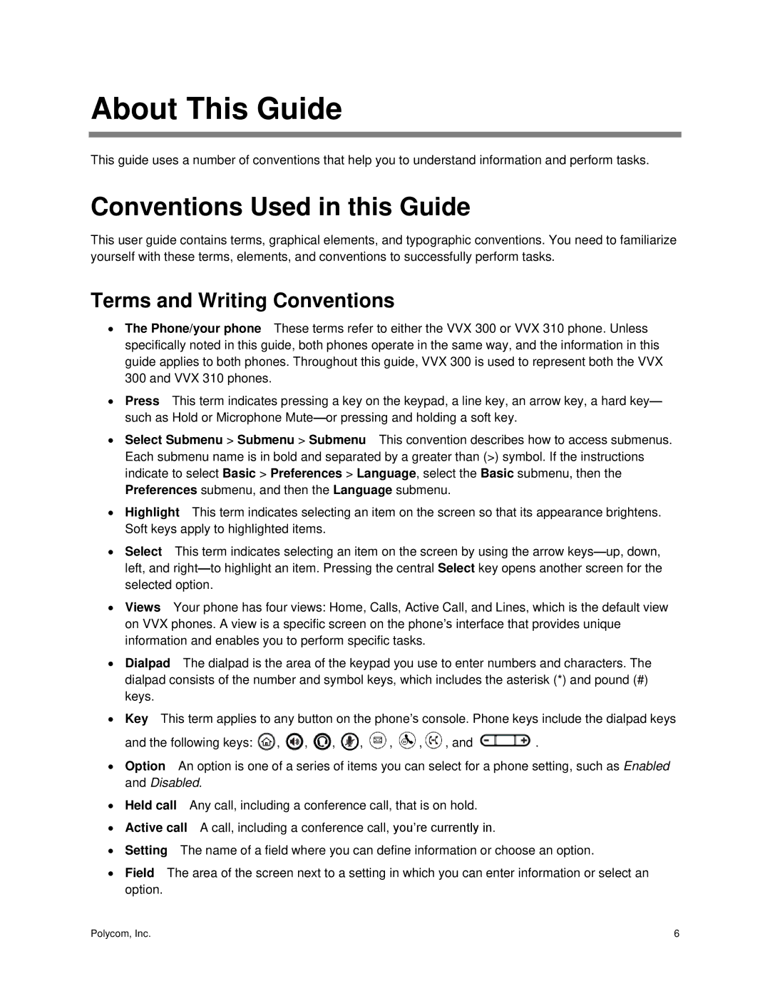 Polycom 300 and 310 manual About This Guide, Conventions Used in this Guide, Terms and Writing Conventions 