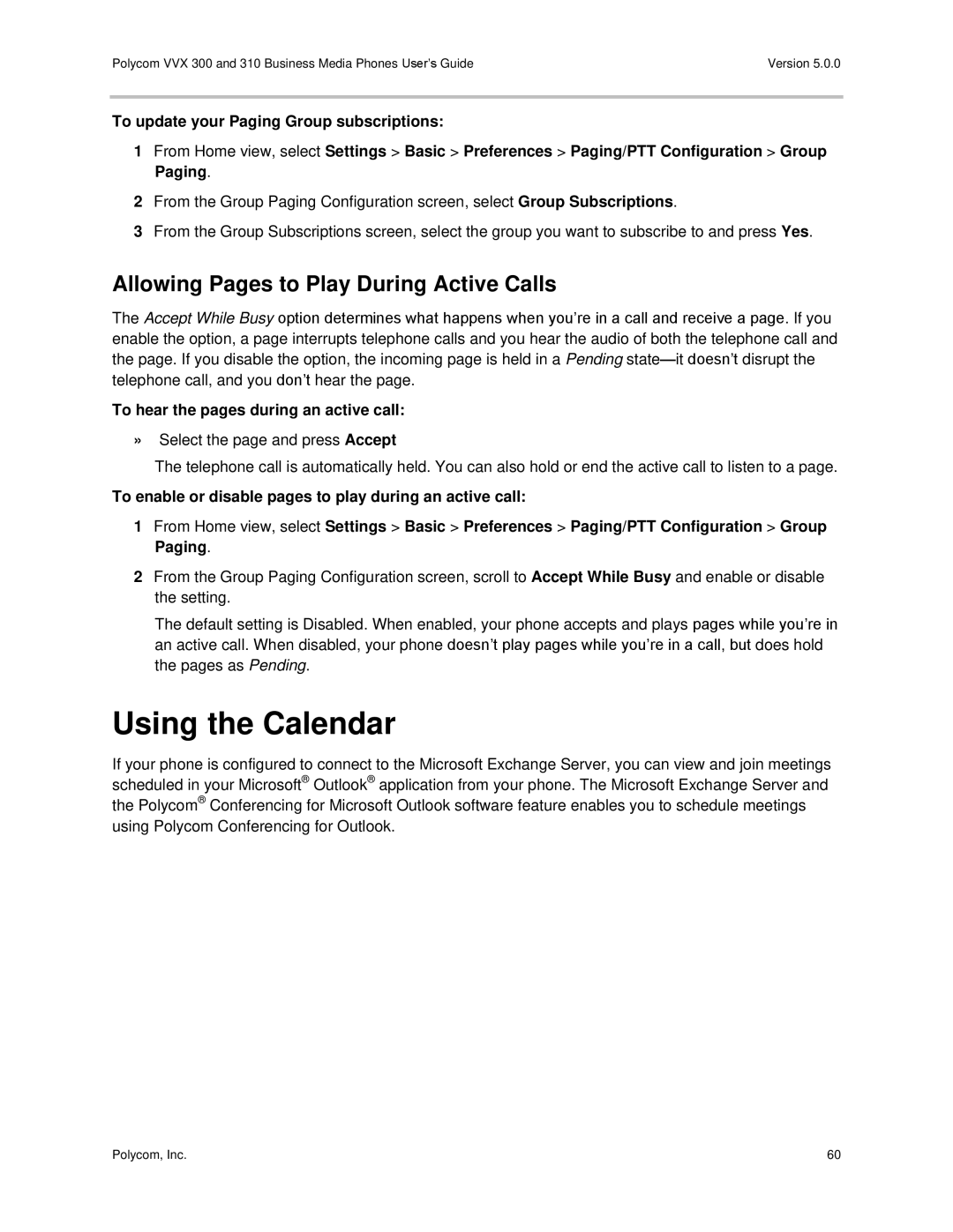 Polycom 300 and 310 manual Using the Calendar, Allowing Pages to Play During Active Calls 