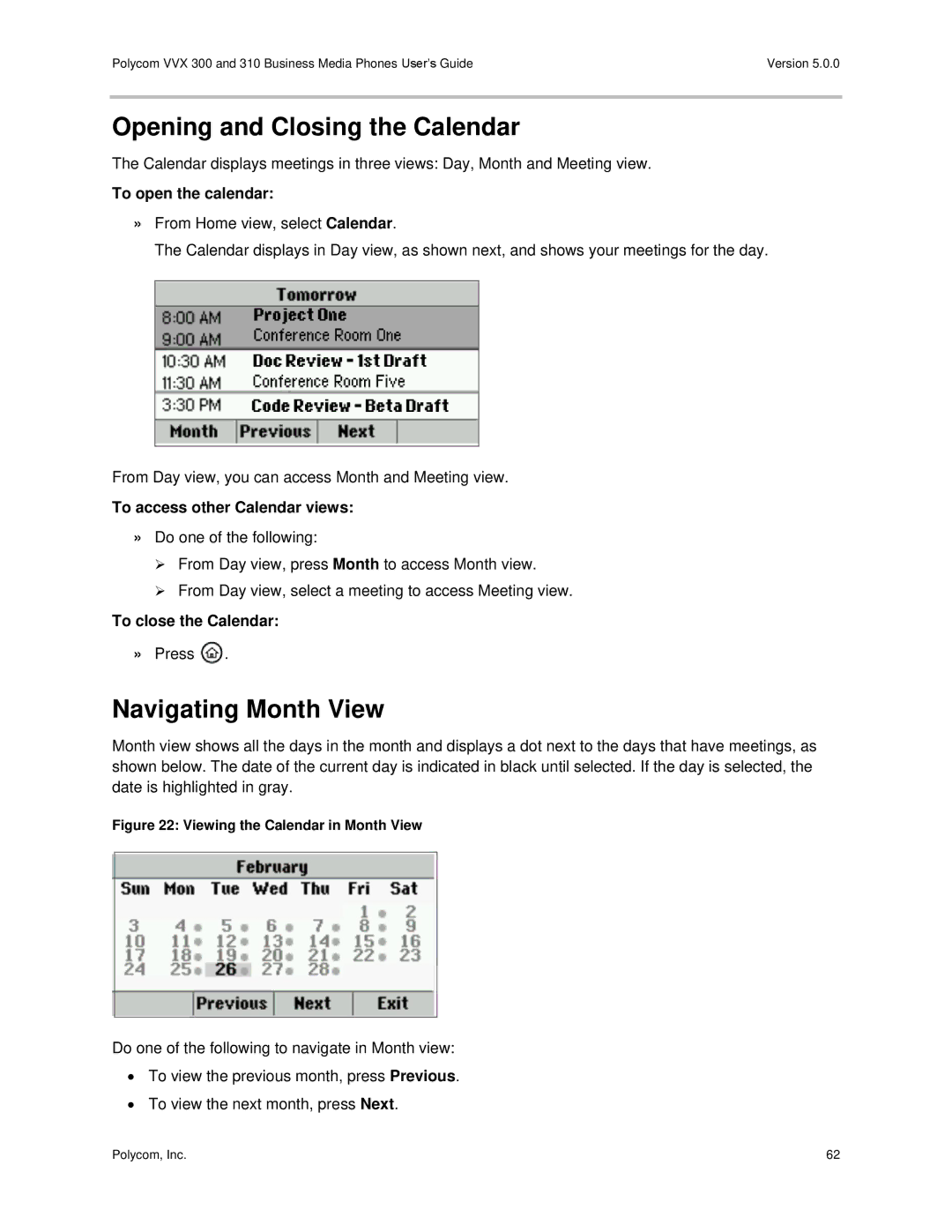 Polycom 300 and 310 Opening and Closing the Calendar, Navigating Month View, To open the calendar, To close the Calendar 