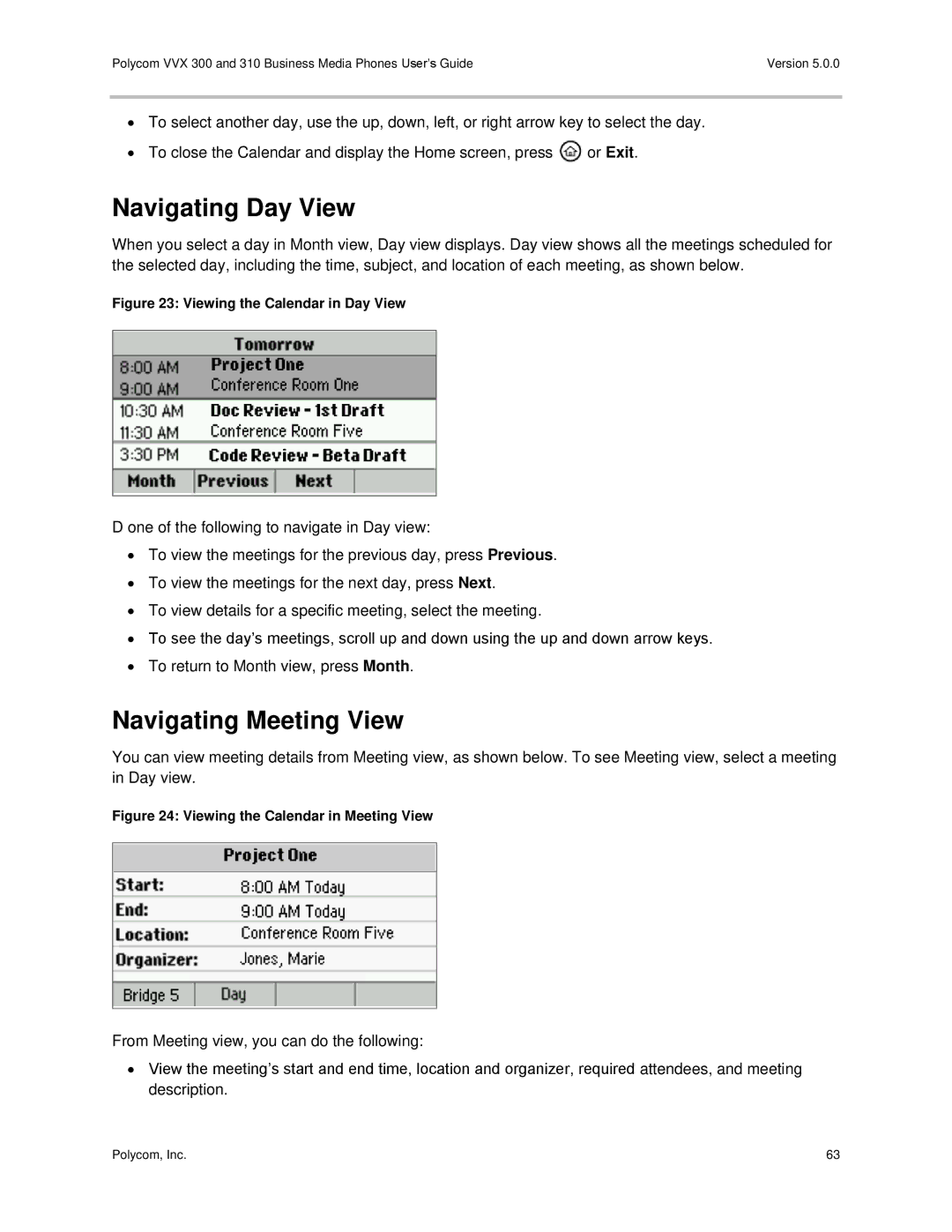 Polycom 300 and 310 manual Navigating Day View, Navigating Meeting View 