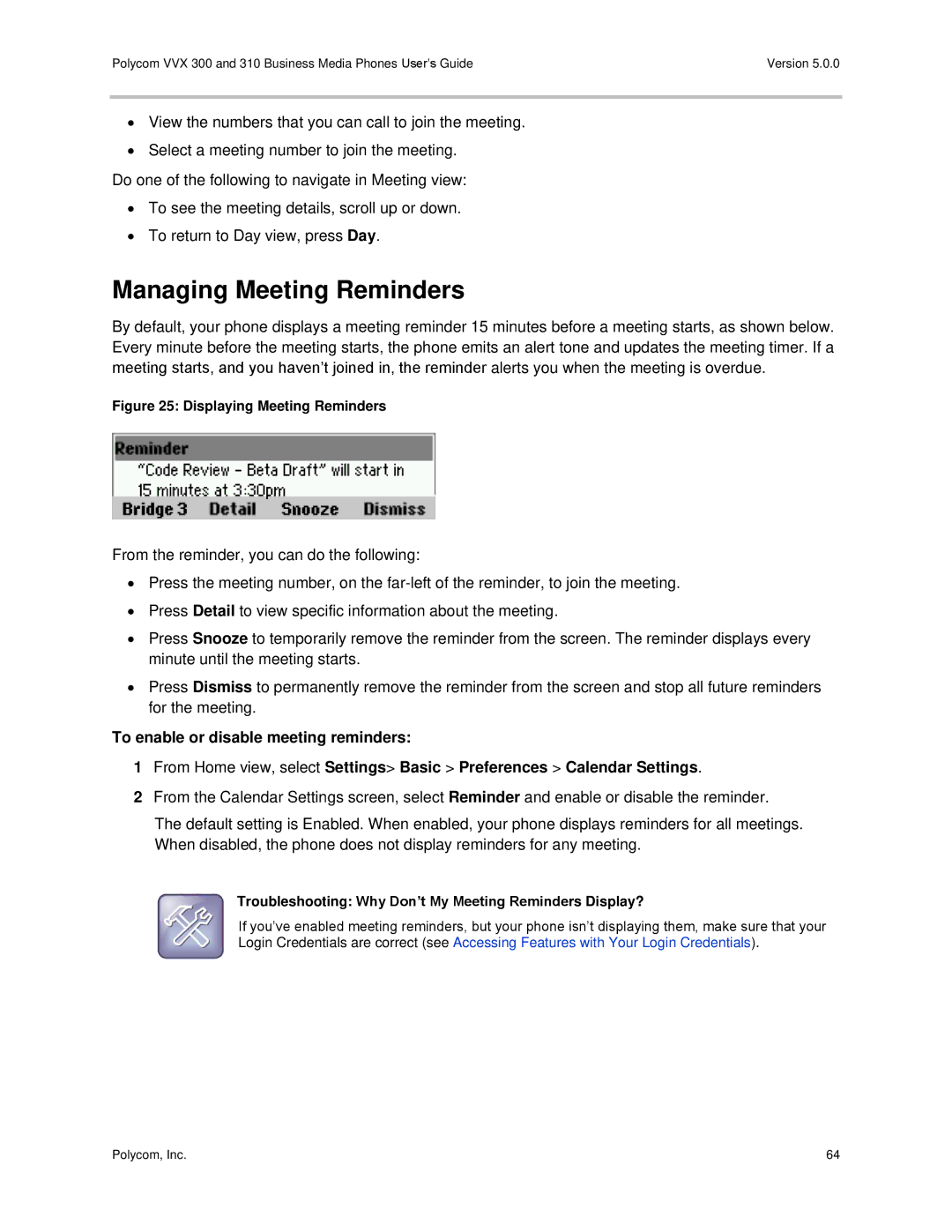 Polycom 300 and 310 manual Managing Meeting Reminders, Troubleshooting Why Don’t My Meeting Reminders Display? 