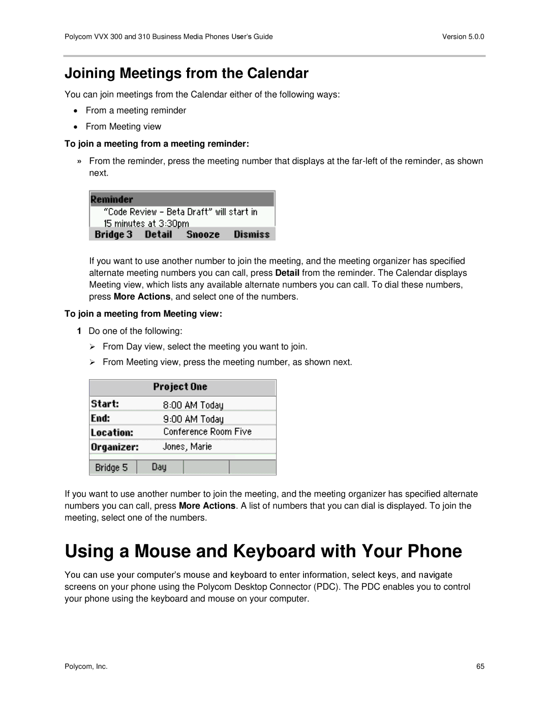 Polycom 300 and 310 manual Using a Mouse and Keyboard with Your Phone, Joining Meetings from the Calendar 