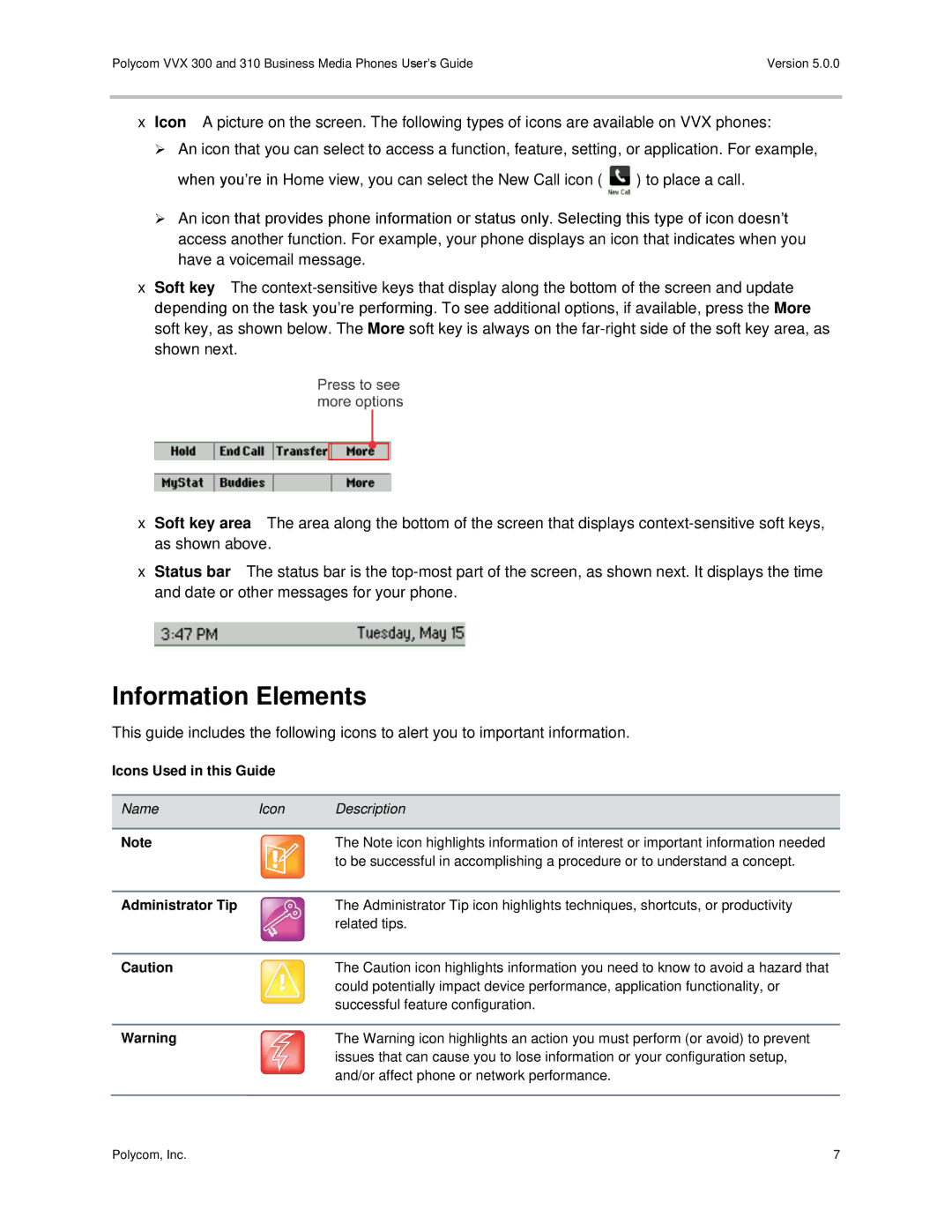 Polycom 300 and 310 manual Information Elements, Icons Used in this Guide 