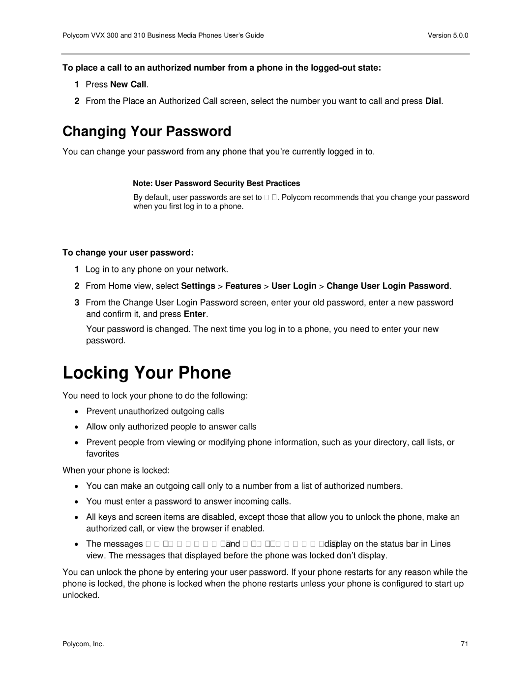 Polycom 300 and 310 manual Locking Your Phone, Changing Your Password, To change your user password 