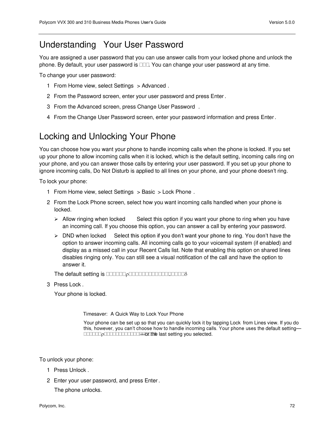 Polycom 300 and 310 manual Understanding Your User Password, Locking and Unlocking Your Phone, To lock your phone 