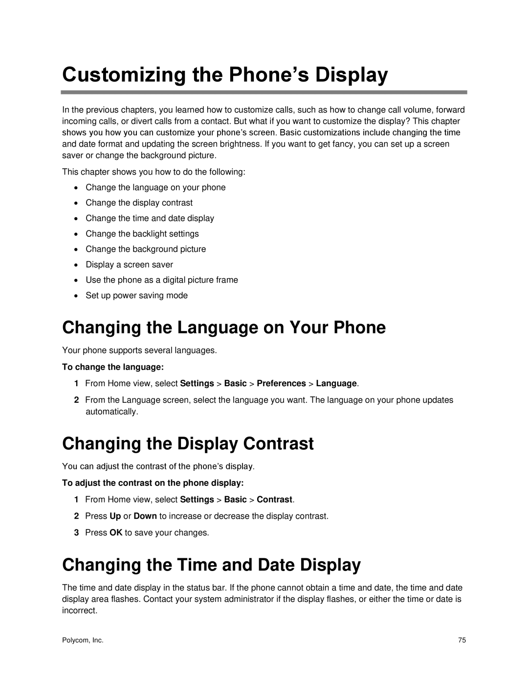 Polycom 300 and 310 Customizing the Phone’s Display, Changing the Language on Your Phone, Changing the Display Contrast 