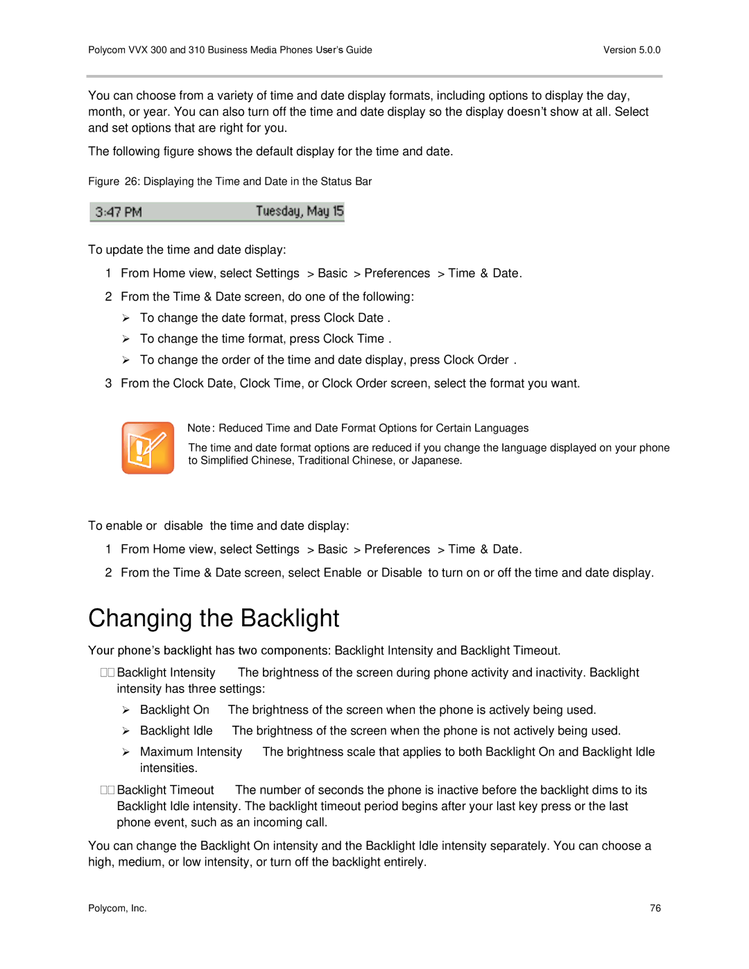 Polycom 300 and 310 manual Changing the Backlight, Displaying the Time and Date in the Status Bar 