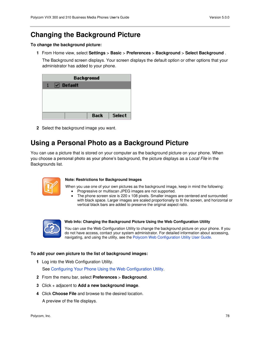 Polycom 300 and 310 manual Changing the Background Picture, Using a Personal Photo as a Background Picture 