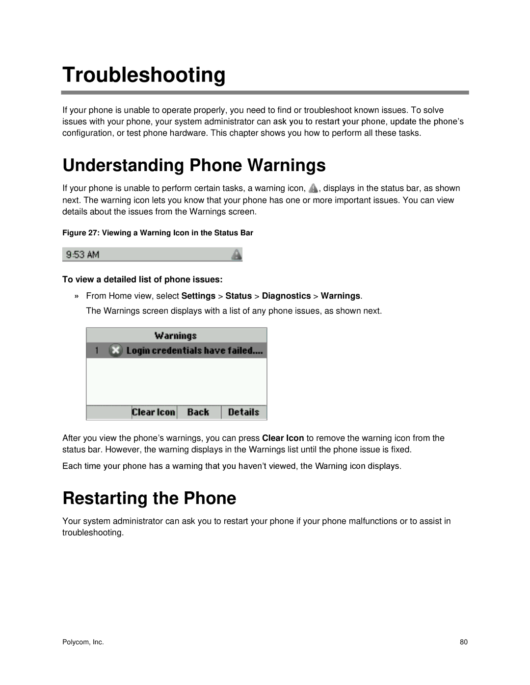 Polycom 300 and 310 manual Troubleshooting, Understanding Phone Warnings, Restarting the Phone 