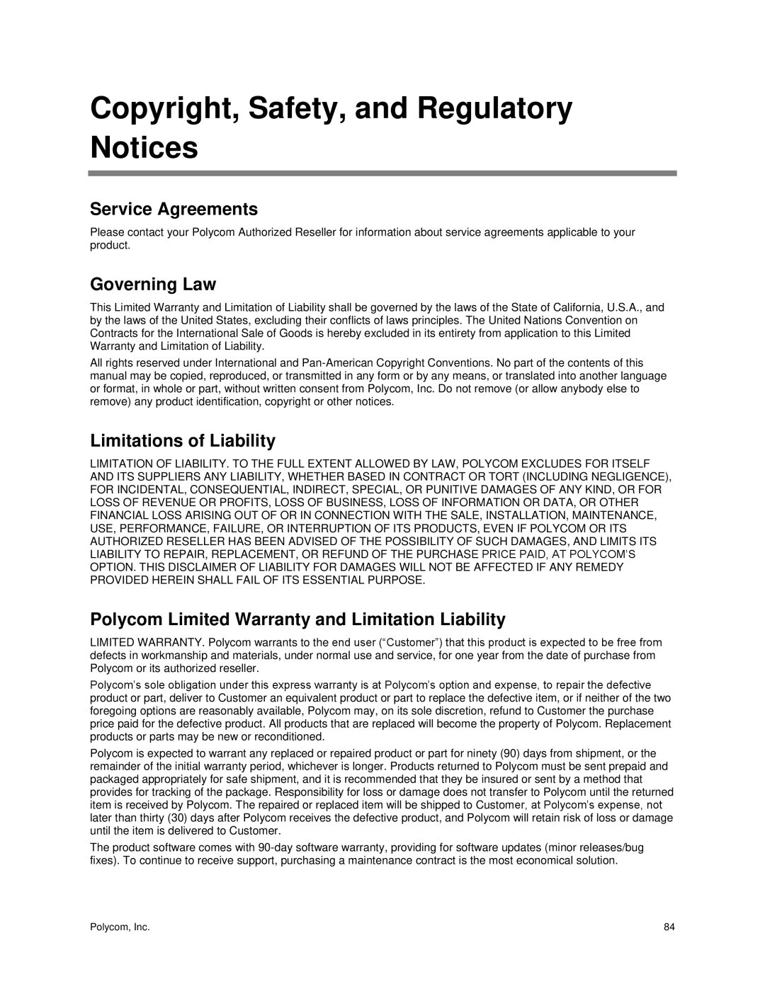 Polycom 300 and 310 Copyright, Safety, and Regulatory Notices, Service Agreements, Governing Law, Limitations of Liability 