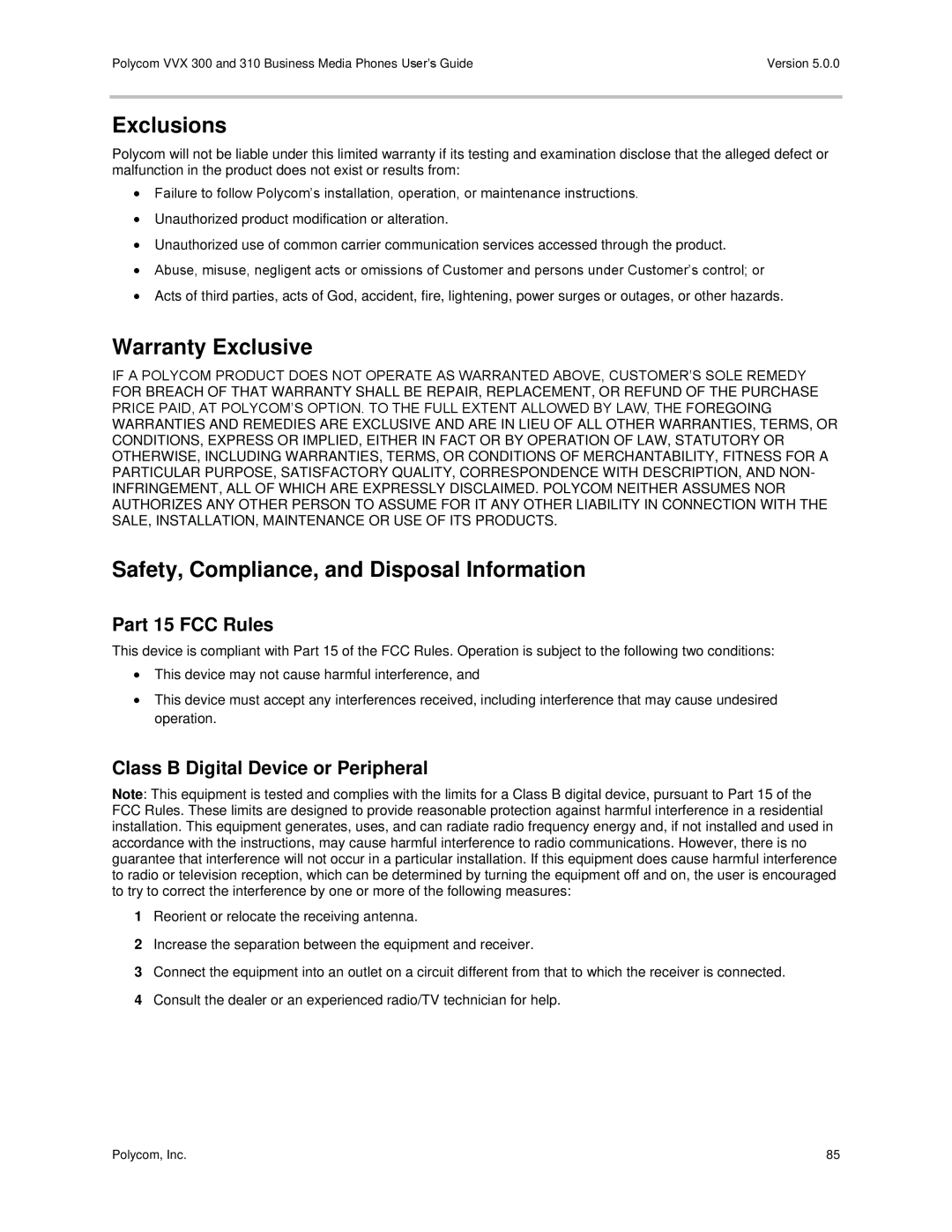 Polycom 300 and 310 manual Exclusions, Warranty Exclusive, Safety, Compliance, and Disposal Information, Part 15 FCC Rules 