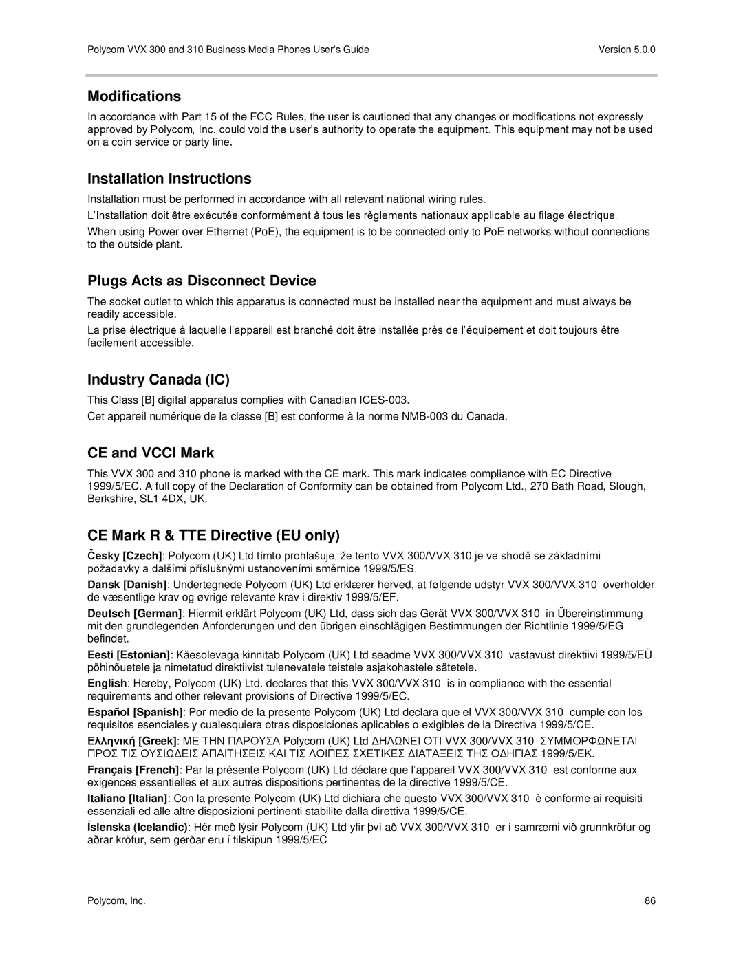 Polycom 300 and 310 manual Modifications, Installation Instructions, Plugs Acts as Disconnect Device, Industry Canada IC 