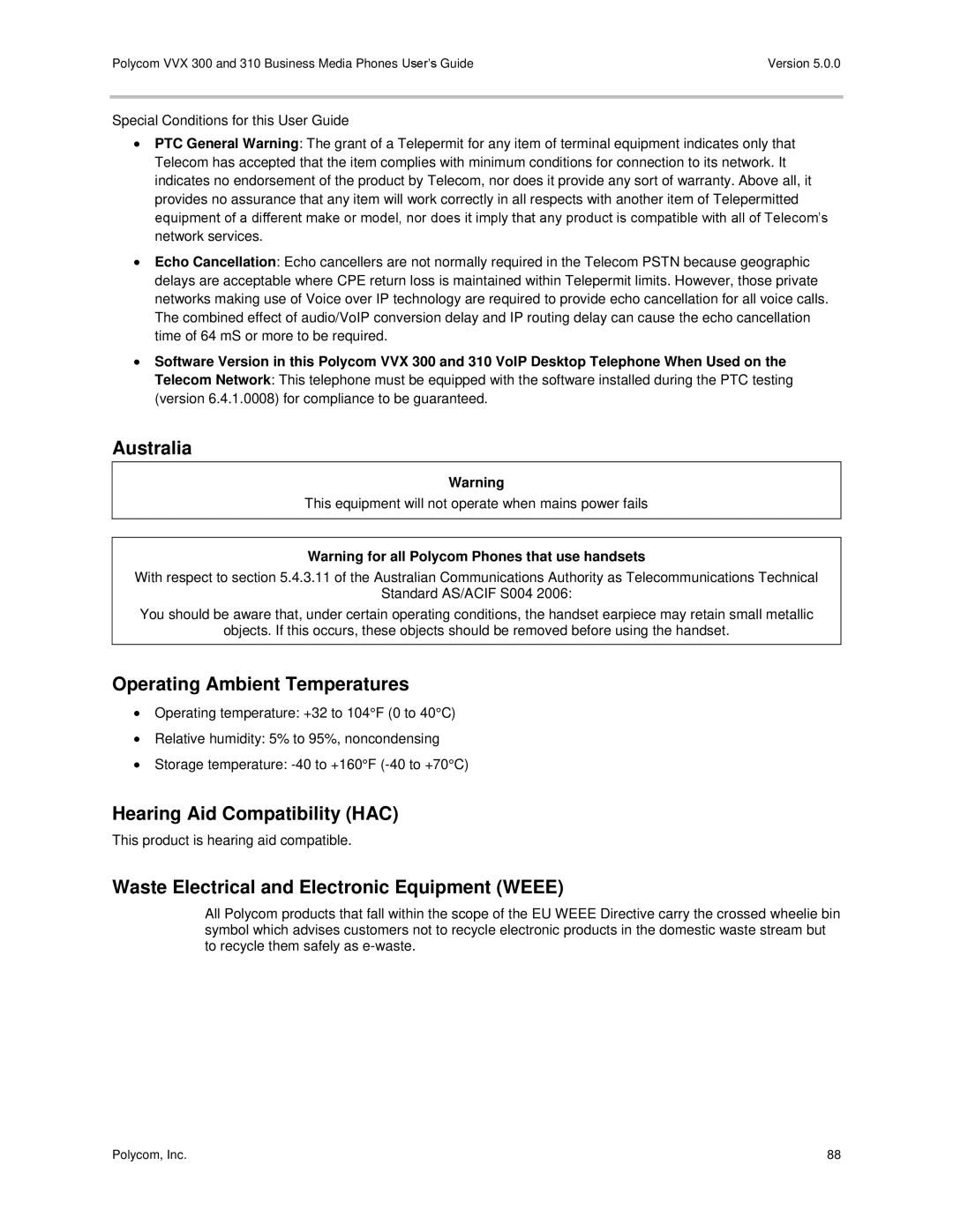 Polycom 300 and 310 manual Australia, Operating Ambient Temperatures, Hearing Aid Compatibility HAC 