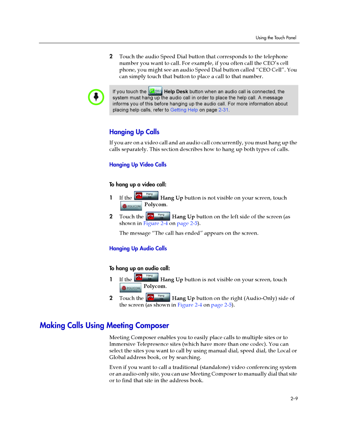 Polycom 300 manual Making Calls Using Meeting Composer, Hanging Up Calls, Polycom 