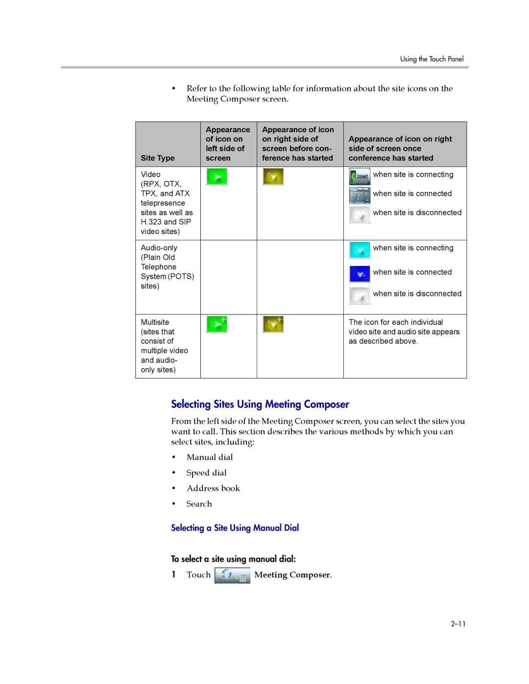 Polycom 300 manual Selecting Sites Using Meeting Composer, Touch Meeting Composer 