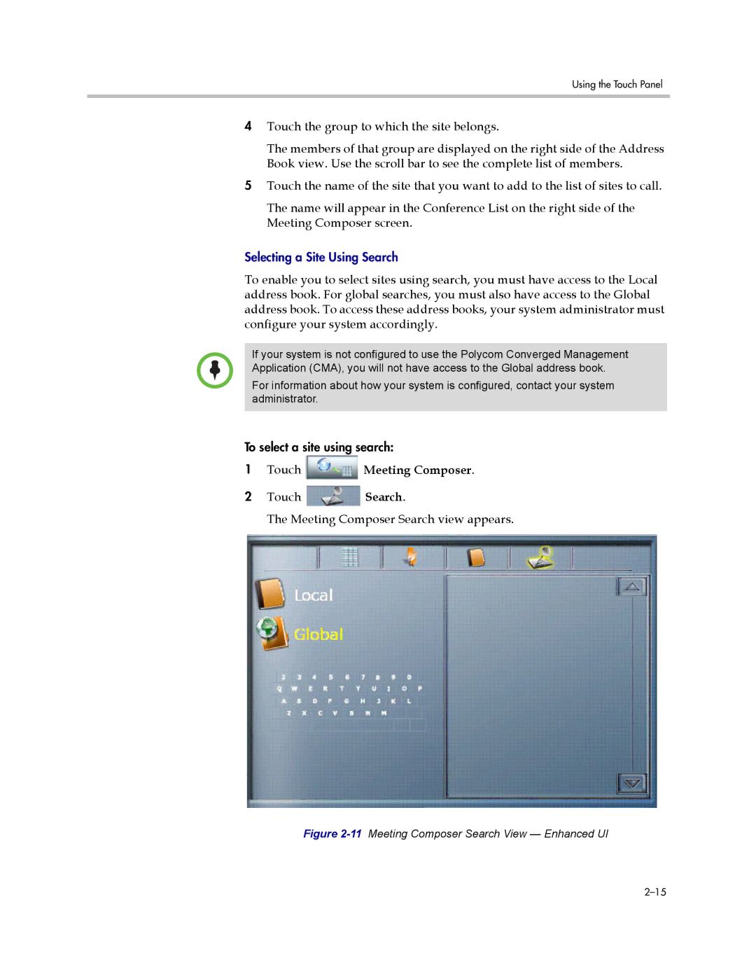 Polycom 300 manual Touch Search Meeting Composer Search view appears 