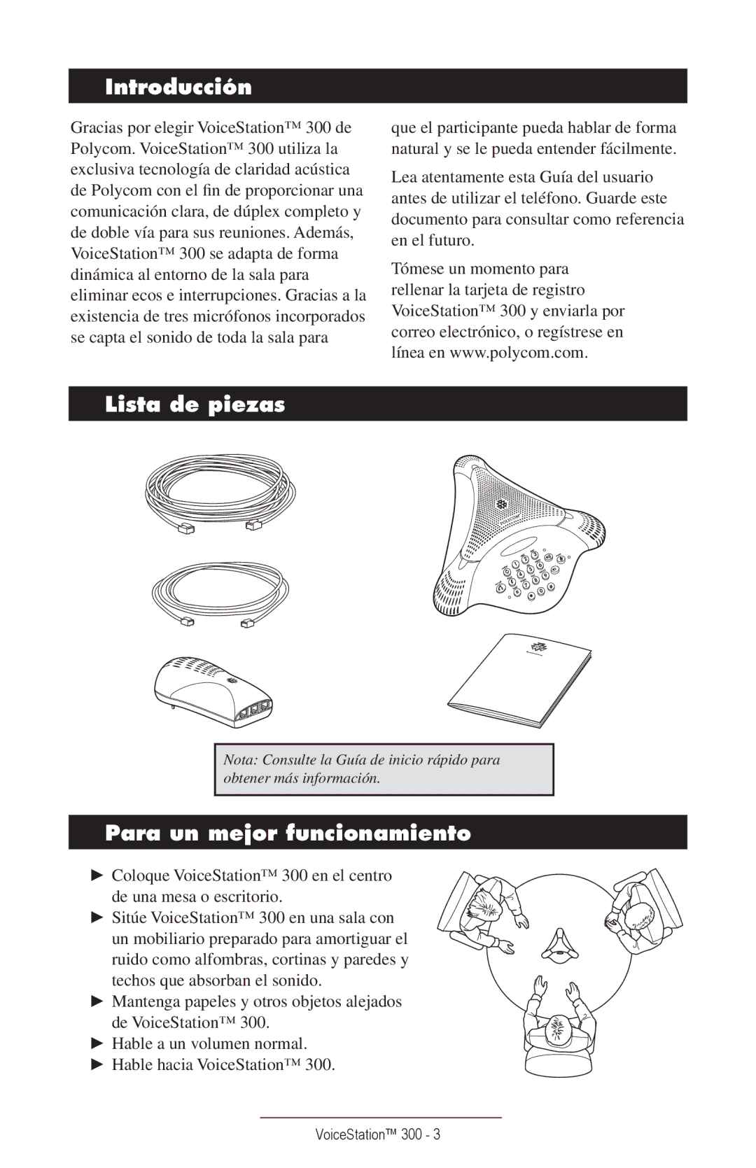 Polycom 300 manual Introducción, Lista de piezas, Para un mejor funcionamiento 