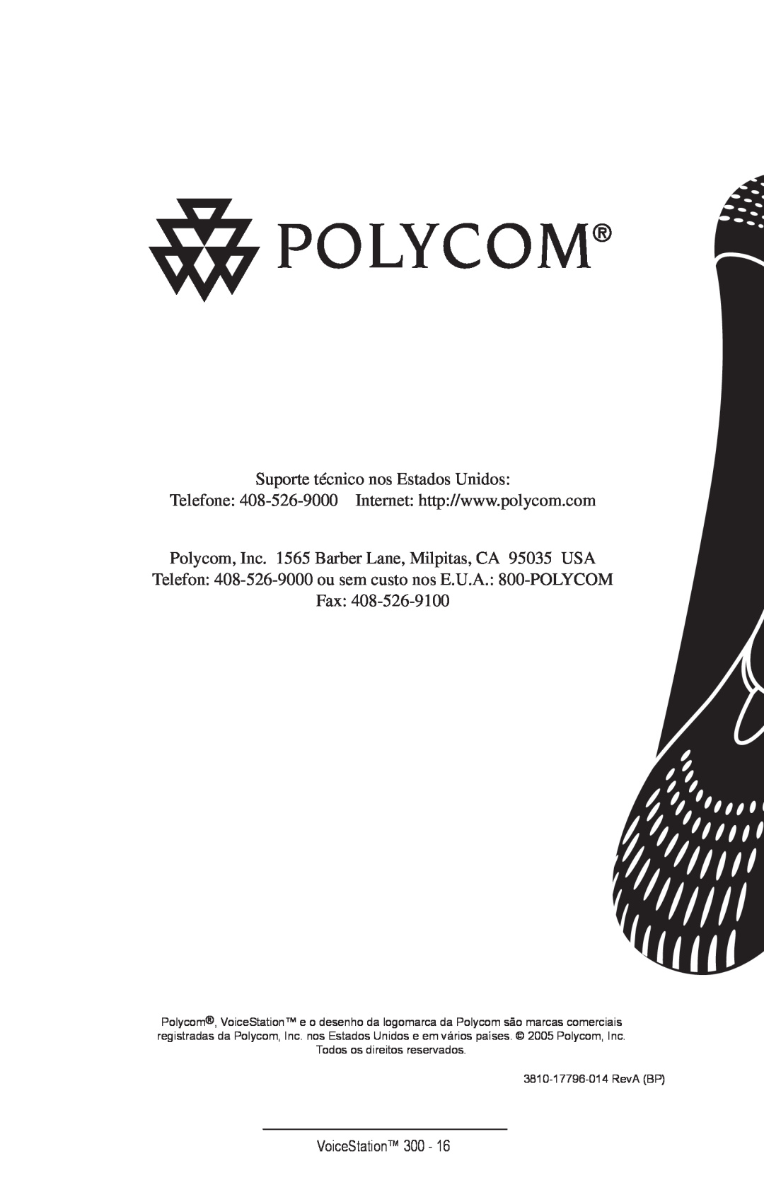 Polycom 300 manual Suporte técnico nos Estados Unidos, VoiceStation, Todos os direitos reservados 3810-17796-014 RevA BP 