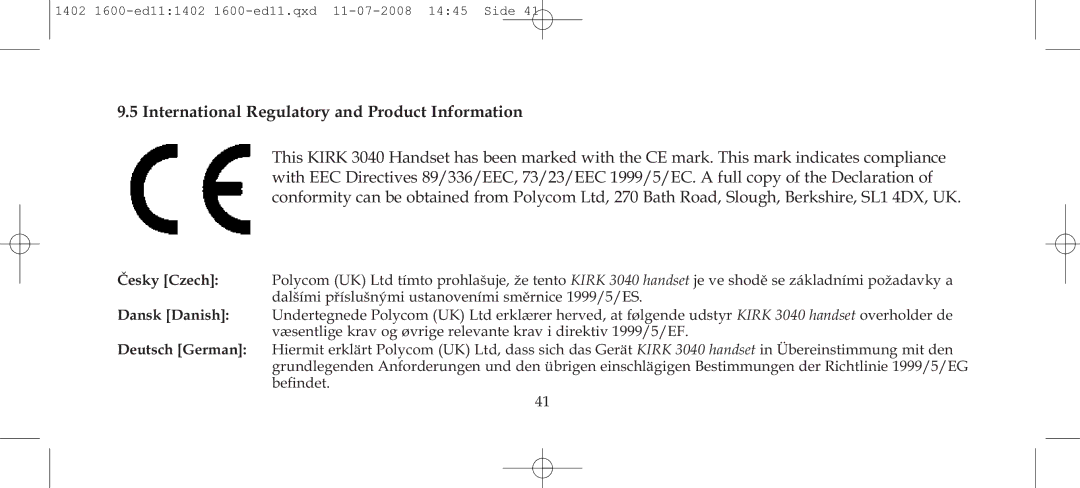 Polycom 3040 manual International Regulatory and Product Information 