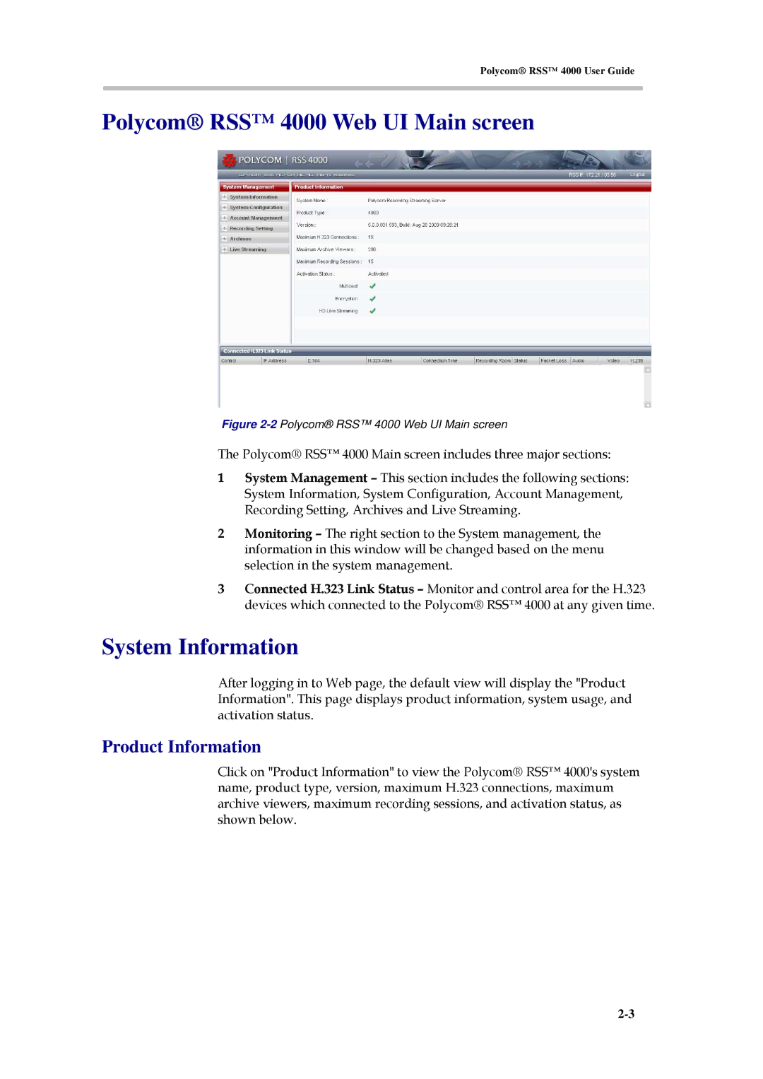 Polycom 3150-30828-001 manual Polycom RSS 4000 Web UI Main screen, System Information, Product Information 
