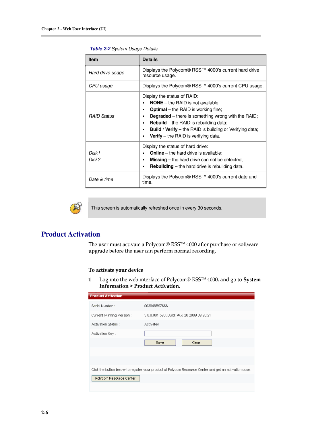 Polycom 3150-30828-001 manual Product Activation, 2System Usage Details 