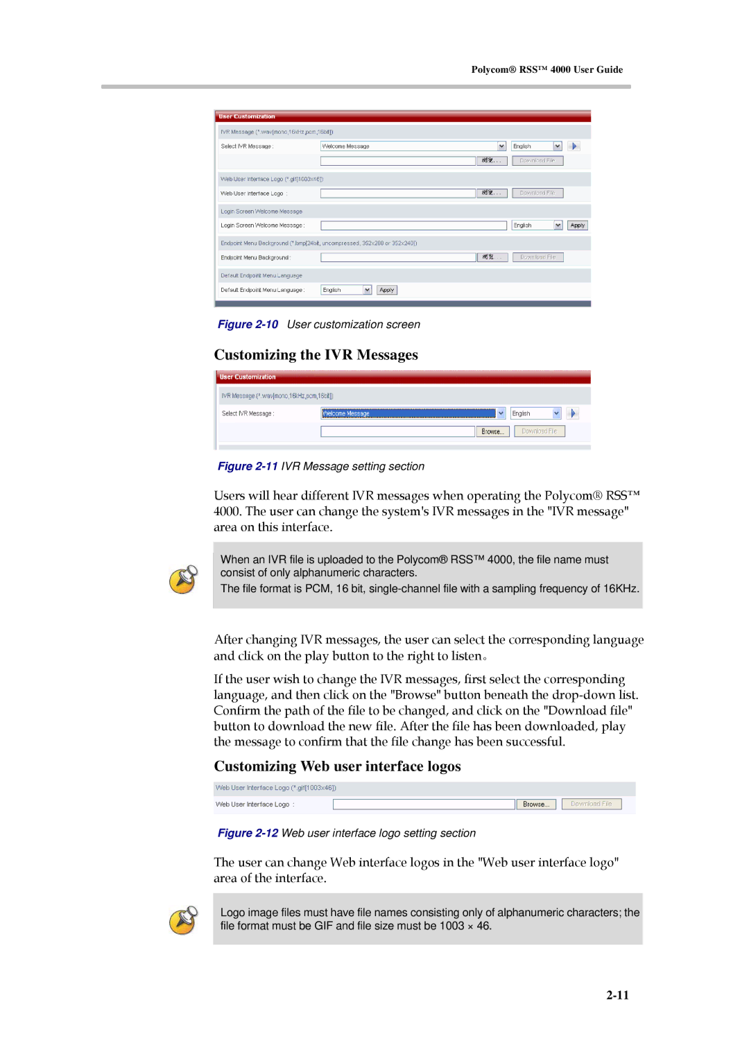 Polycom 3150-30828-001 manual Customizing the IVR Messages, Customizing Web user interface logos 