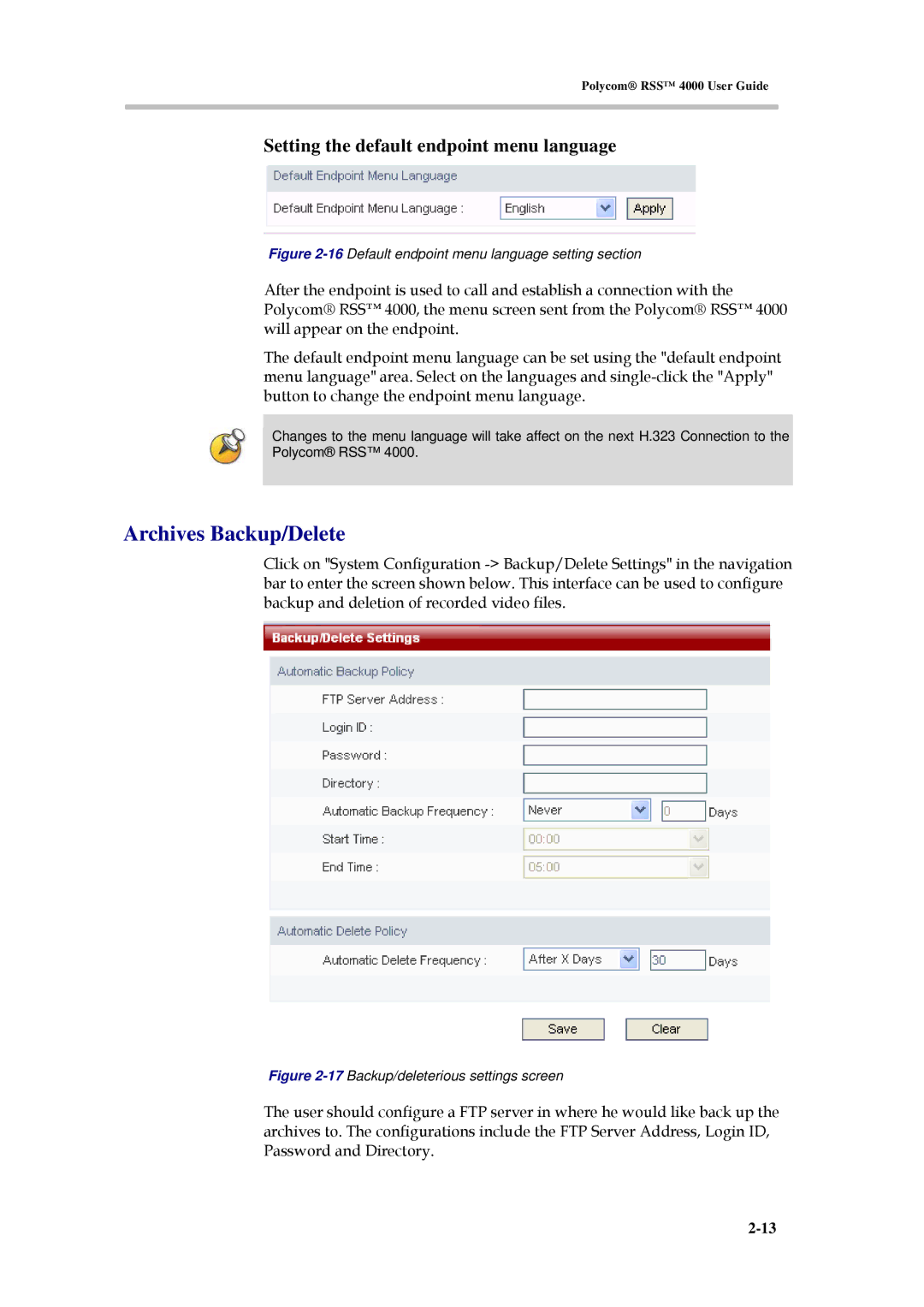 Polycom 3150-30828-001 manual Archives Backup/Delete, Setting the default endpoint menu language 