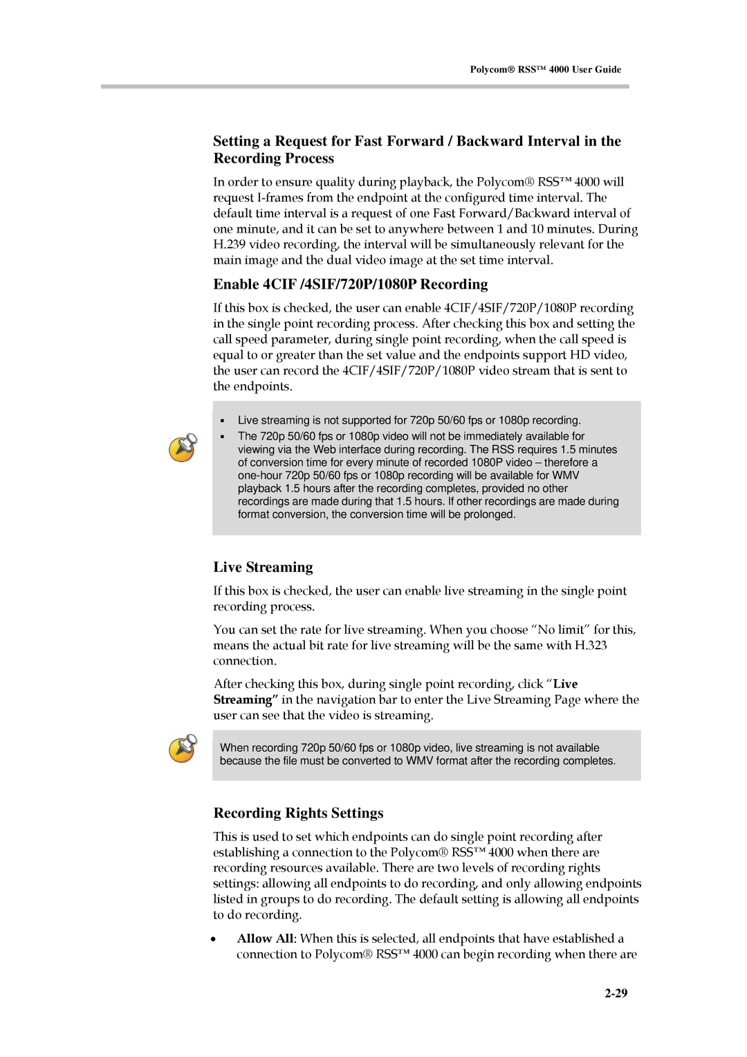 Polycom 3150-30828-001 manual Enable 4CIF /4SIF/720P/1080P Recording, Live Streaming, Recording Rights Settings 