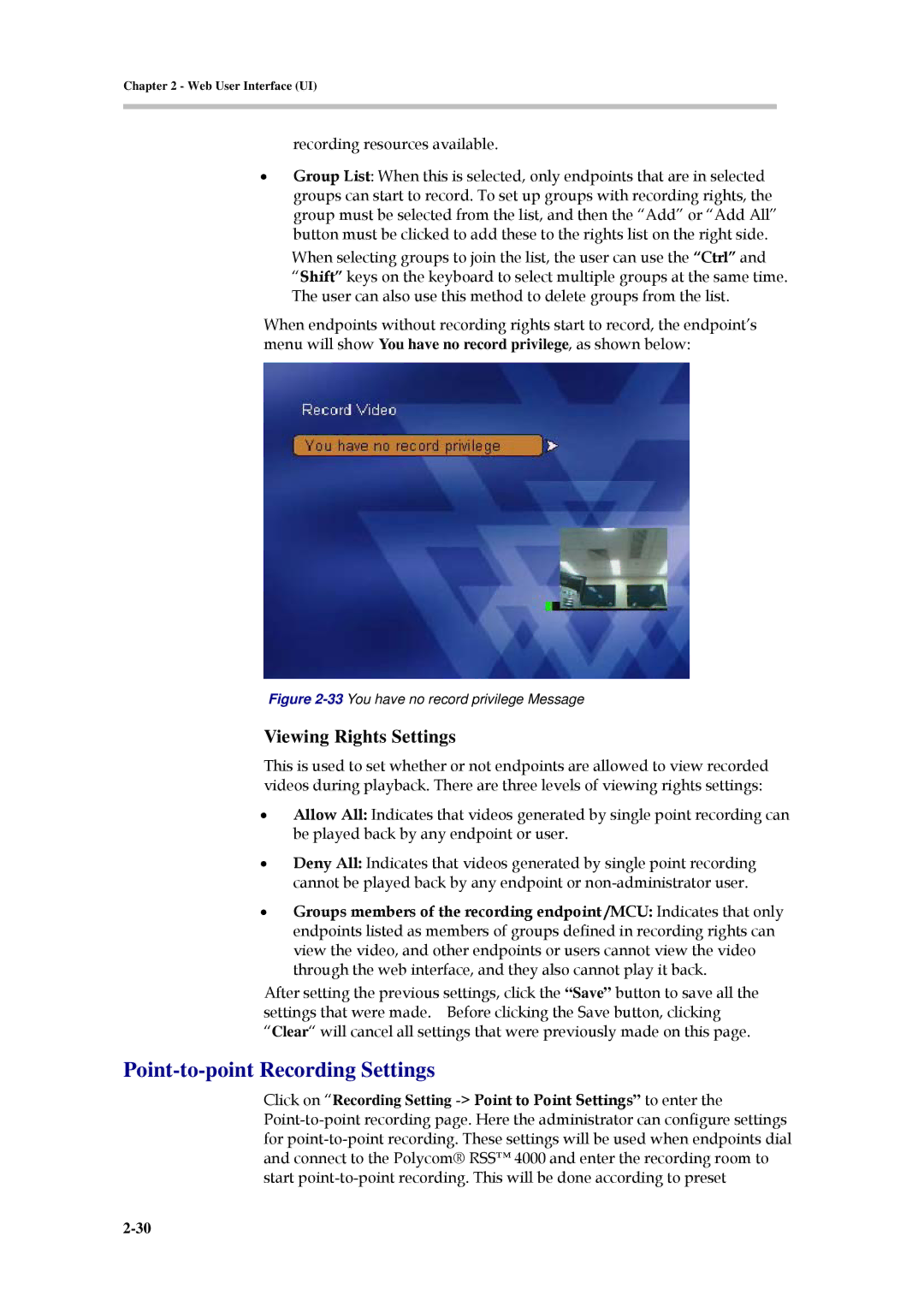 Polycom 3150-30828-001 manual Point-to-point Recording Settings, Viewing Rights Settings 