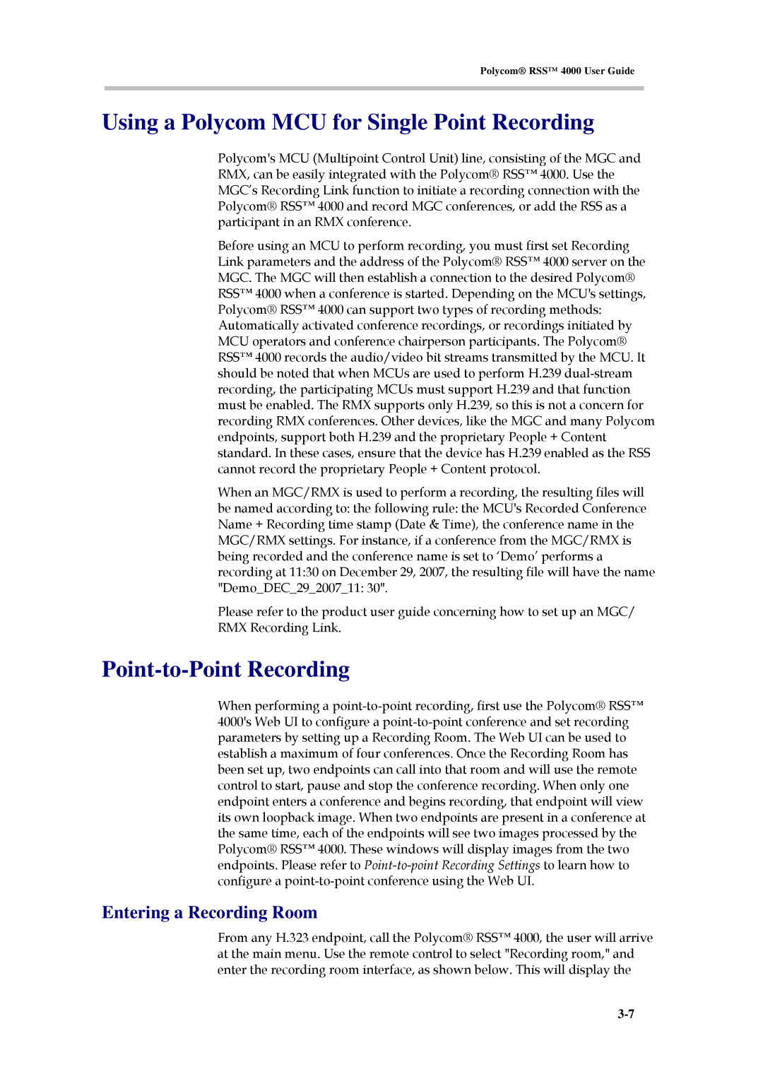 Polycom 3150-30828-001 Using a Polycom MCU for Single Point Recording, Point-to-Point Recording, Entering a Recording Room 