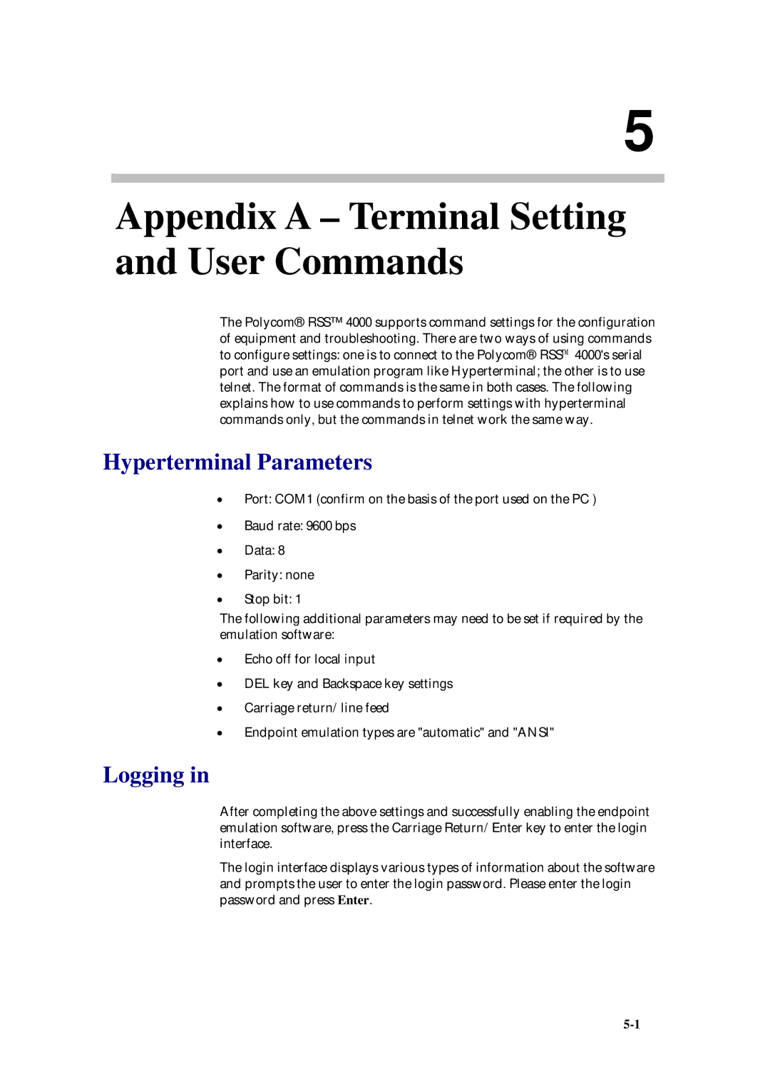 Polycom 3150-30828-001 manual Hyperterminal Parameters, Logging 