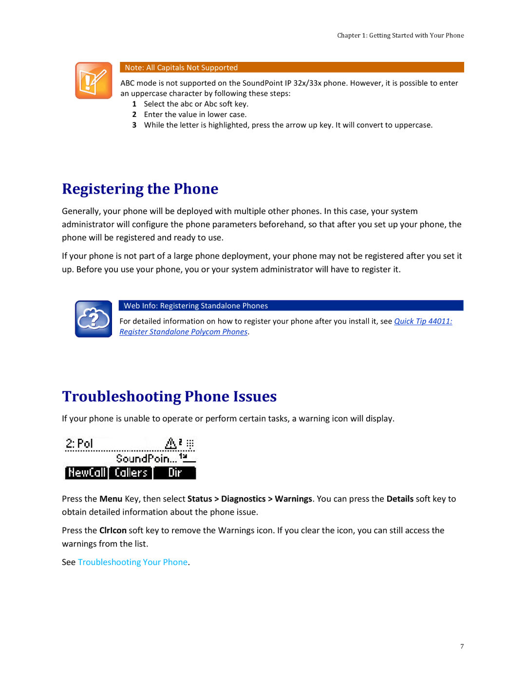 Polycom 32x manual Registering the Phone, Troubleshooting Phone Issues, Web Info Registering Standalone Phones 