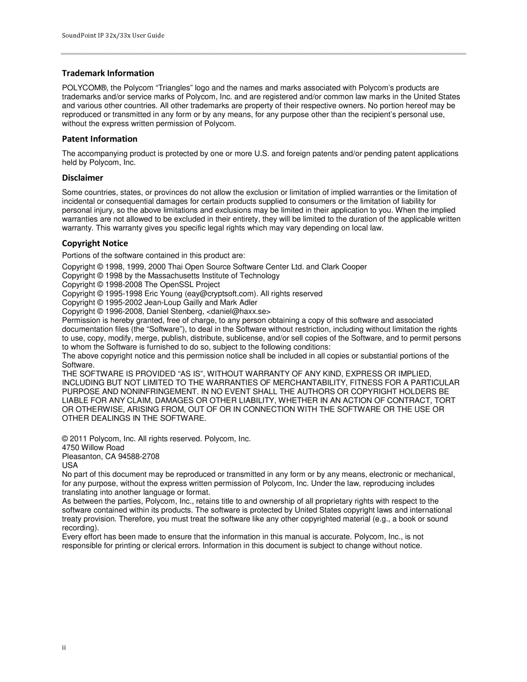 Polycom 32x manual Trademark Information, Patent Information, Disclaimer, Copyright Notice 