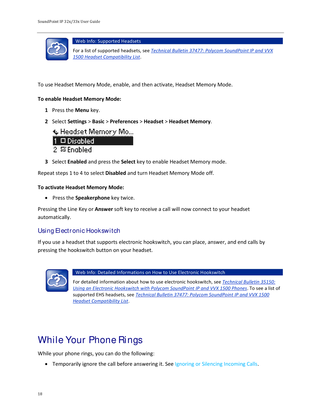 Polycom 32x manual While Your Phone Rings, Using Electronic Hookswitch, To enable Headset Memory Mode 