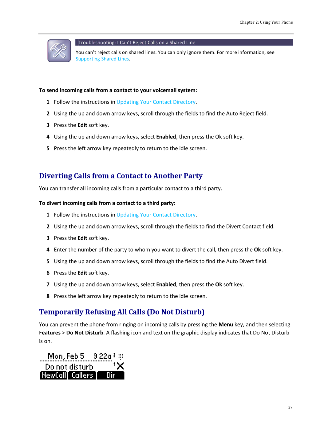 Polycom 32x manual Diverting Calls from a Contact to Another Party, Temporarily Refusing All Calls Do Not Disturb 