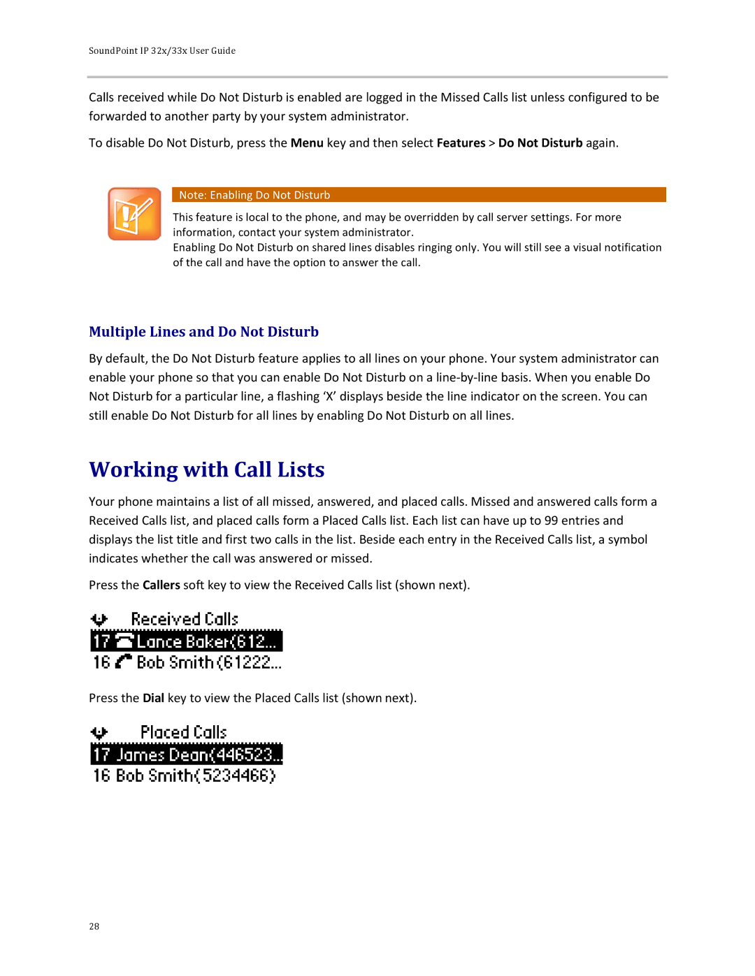 Polycom 32x manual Working with Call Lists, Multiple Lines and Do Not Disturb 