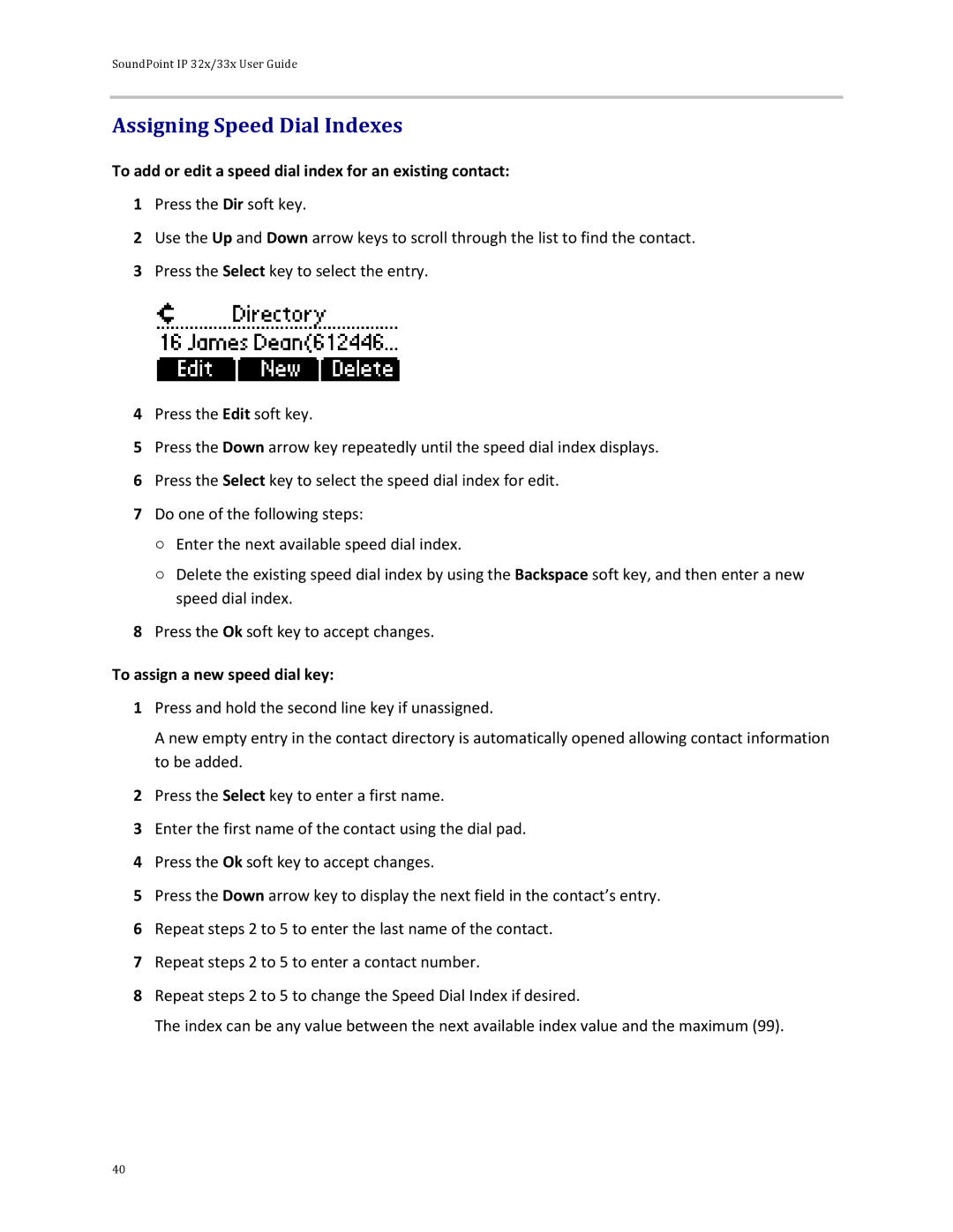 Polycom 32x manual Assigning Speed Dial Indexes, To add or edit a speed dial index for an existing contact 