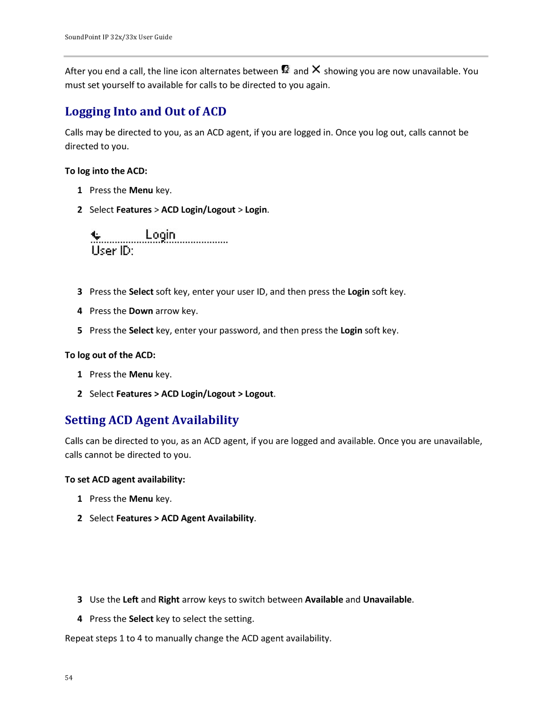 Polycom 32x manual Logging Into and Out of ACD, Setting ACD Agent Availability 